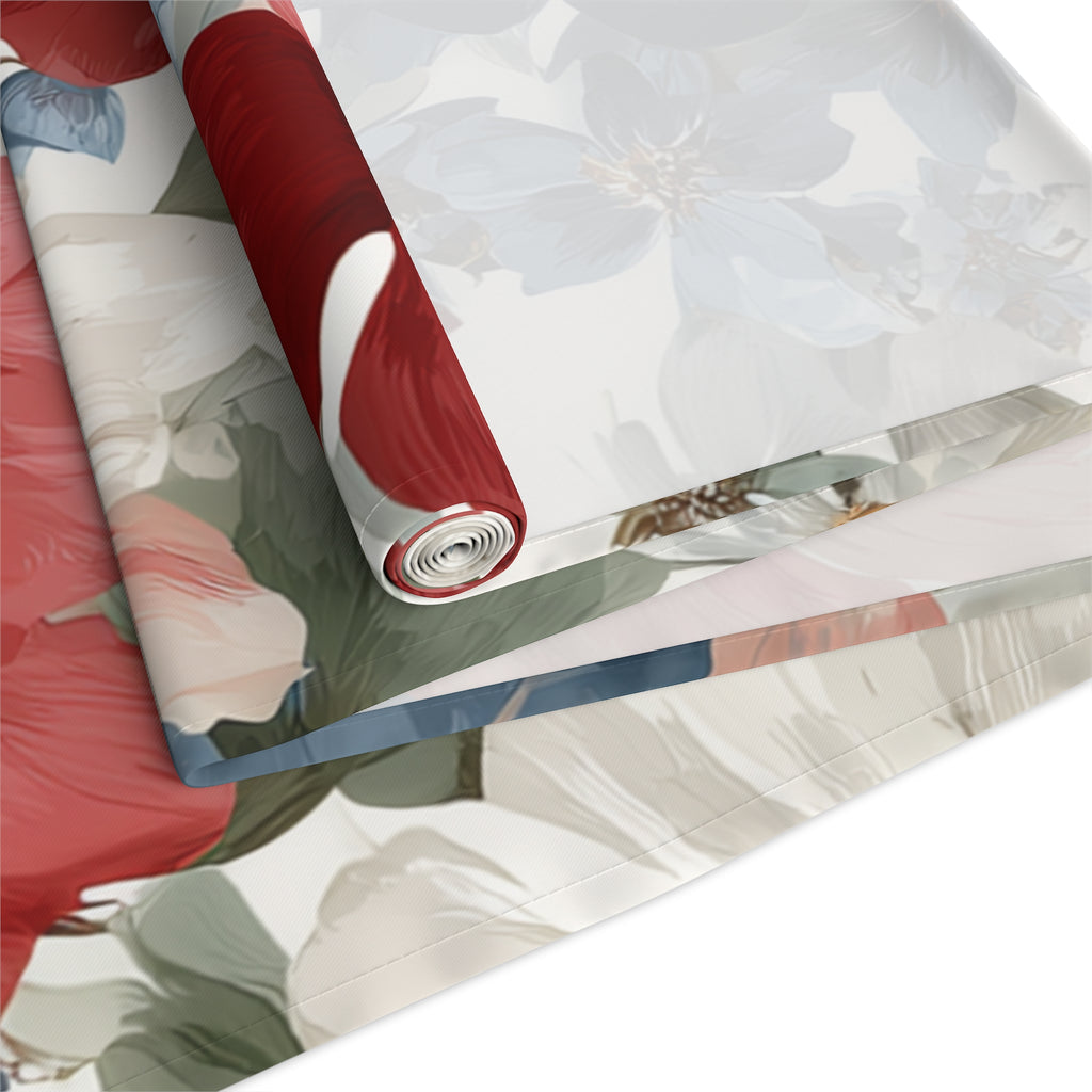 Floral Cotton-Poly Table Runner — Blue & Rust Watercolor Garden