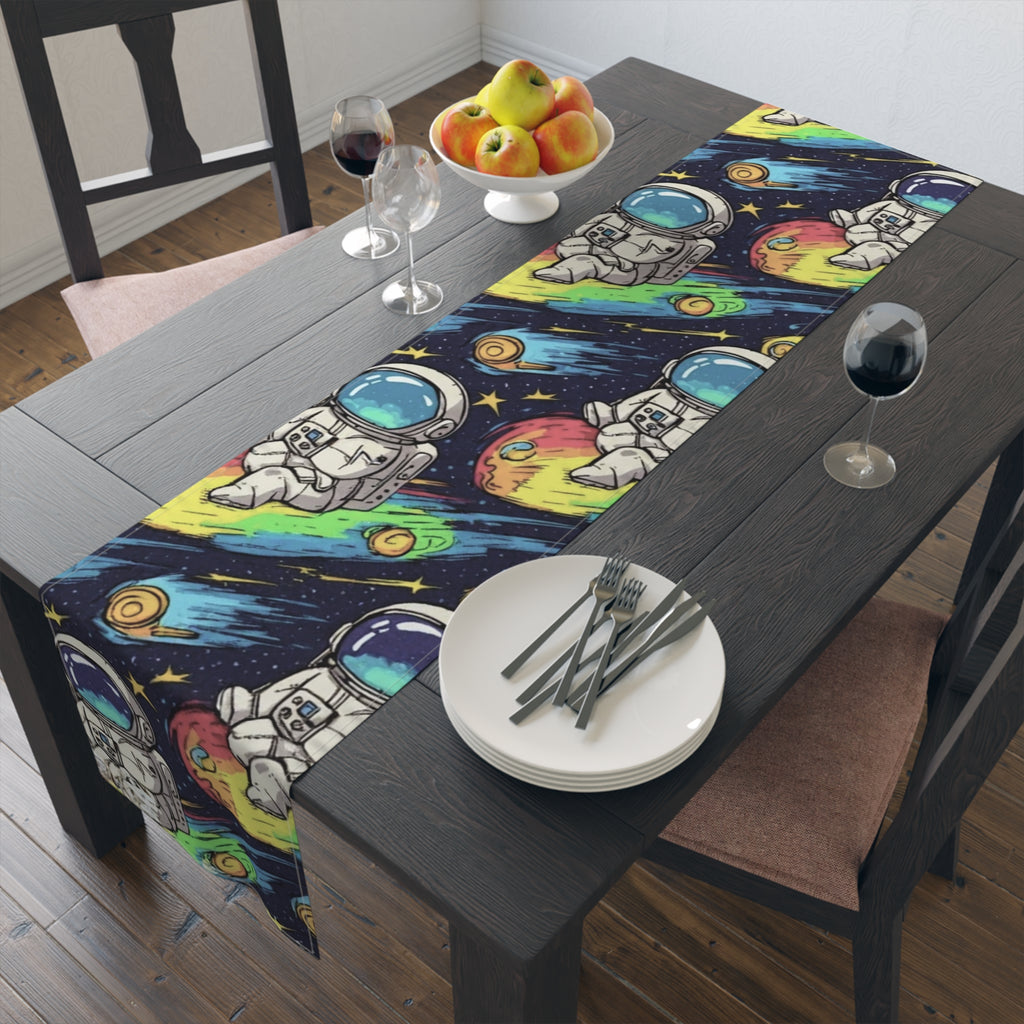 Astronaut Space Pattern Table Runner — Colorful Cosmic Dinner Table Decor