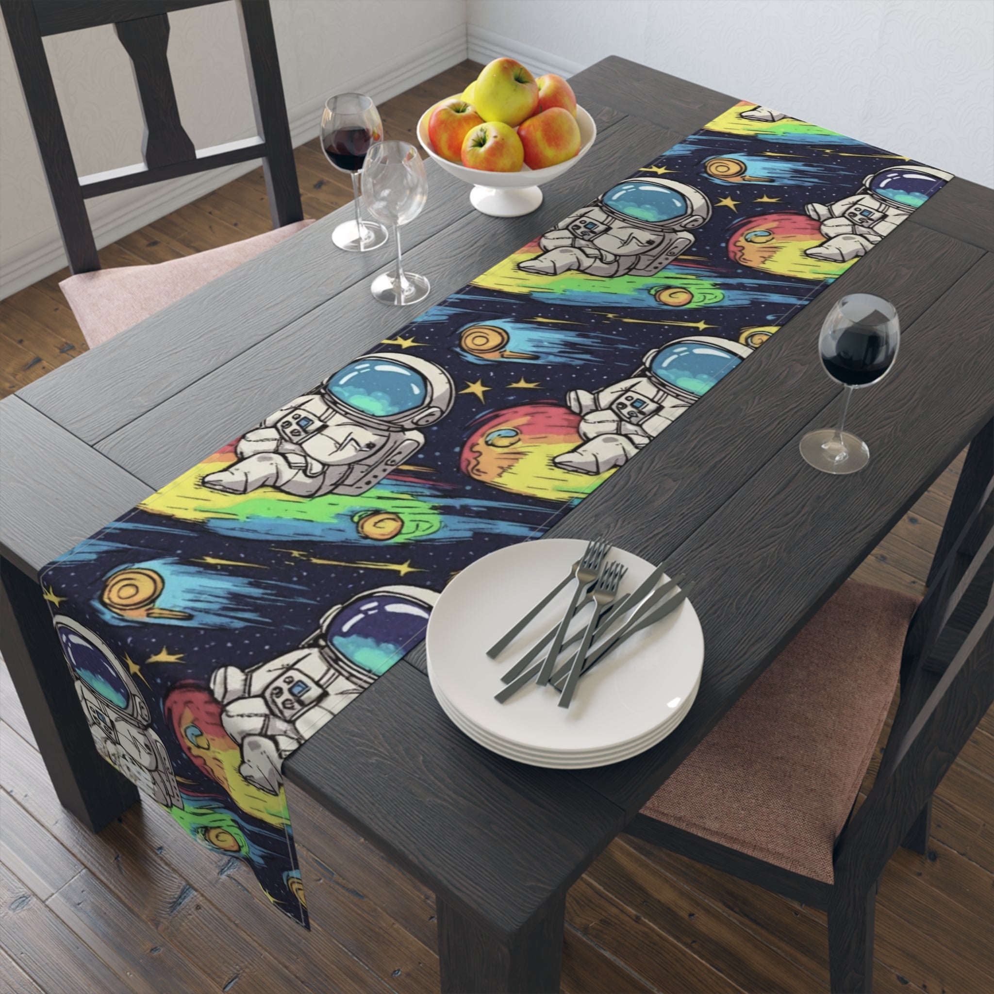 Astronaut Space Pattern Table Runner — Colorful Cosmic Dinner Table Decor