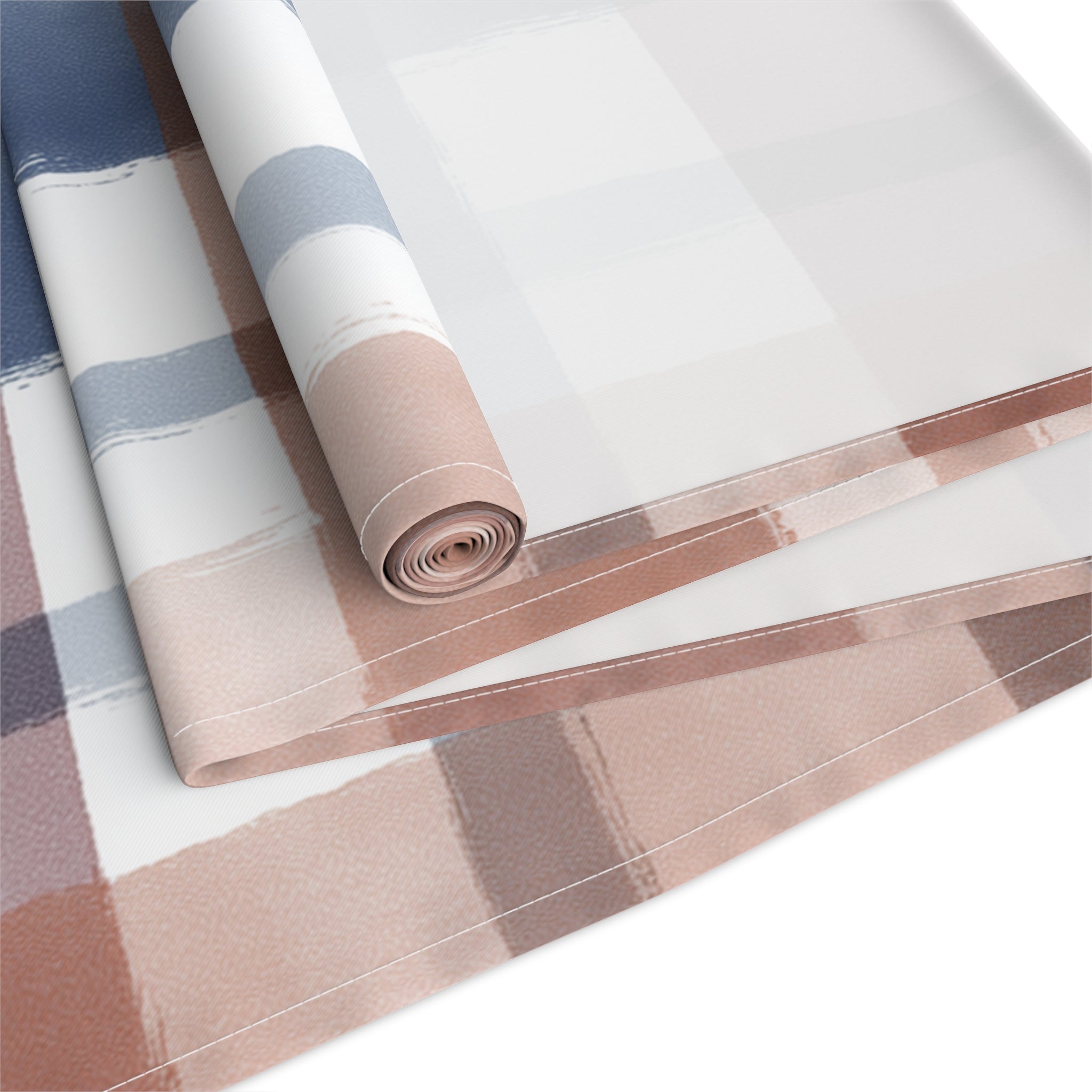 Plaid Watercolor Table Runner — Blue & Blush Cotton-Poly Decor