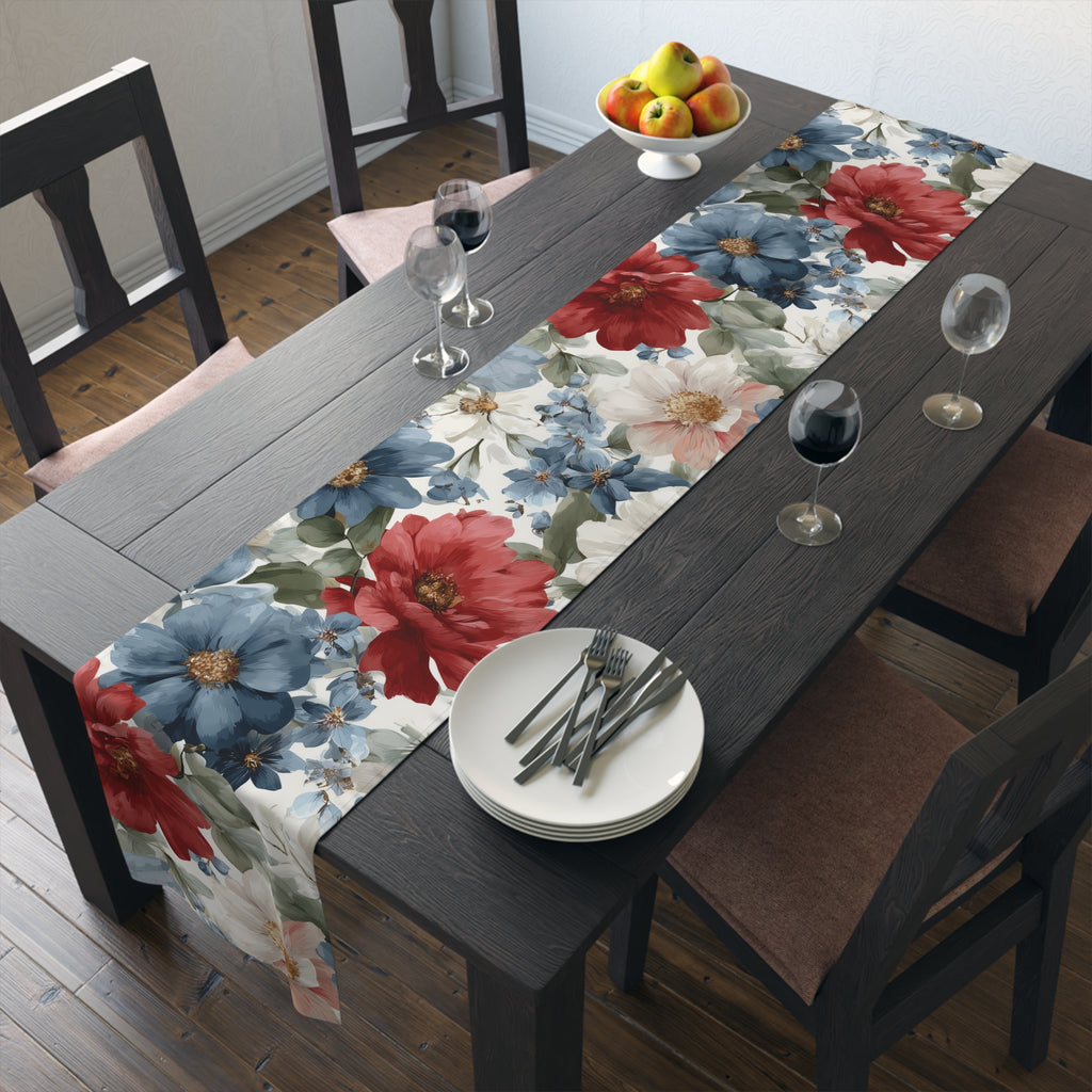 Floral Cotton-Poly Table Runner — Blue & Rust Watercolor Garden