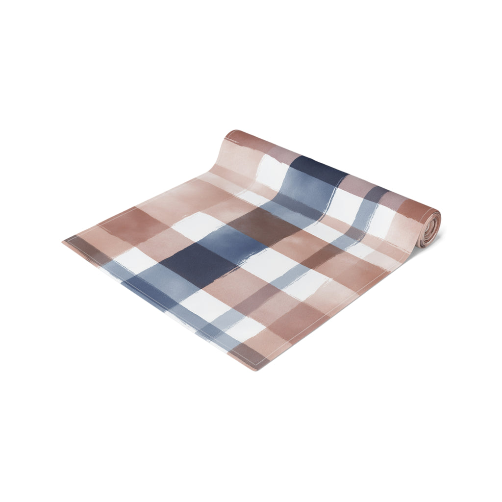 Plaid Watercolor Table Runner — Blue & Blush Cotton-Poly Decor