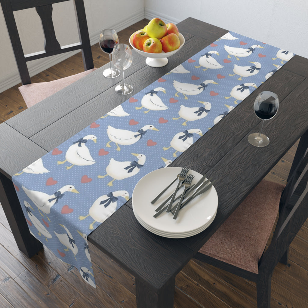 Goose Pattern Table Runner — Blue Cotton-Poly Dining Runner with Cute Hearts