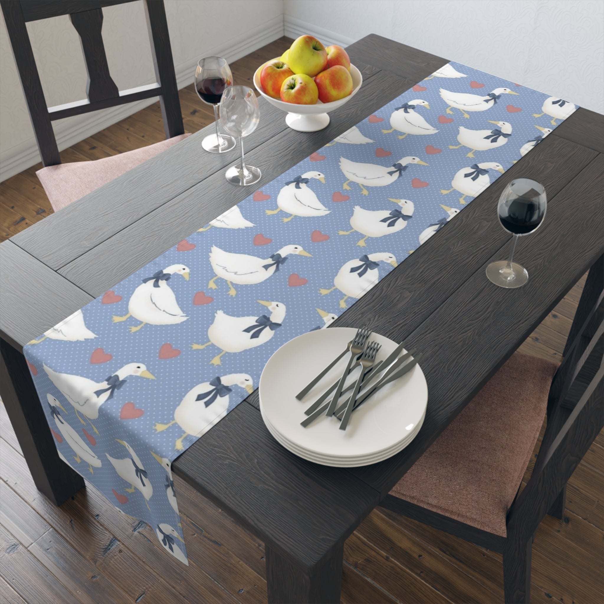 Goose Pattern Table Runner — Blue Cotton-Poly Dining Runner with Cute Hearts