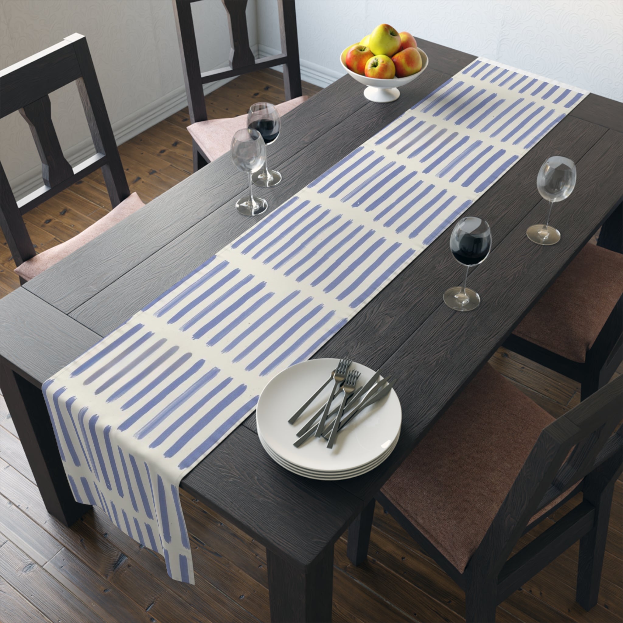 Blue Brushstroke Table Runner — Modern Cotton-Poly Dining Accent