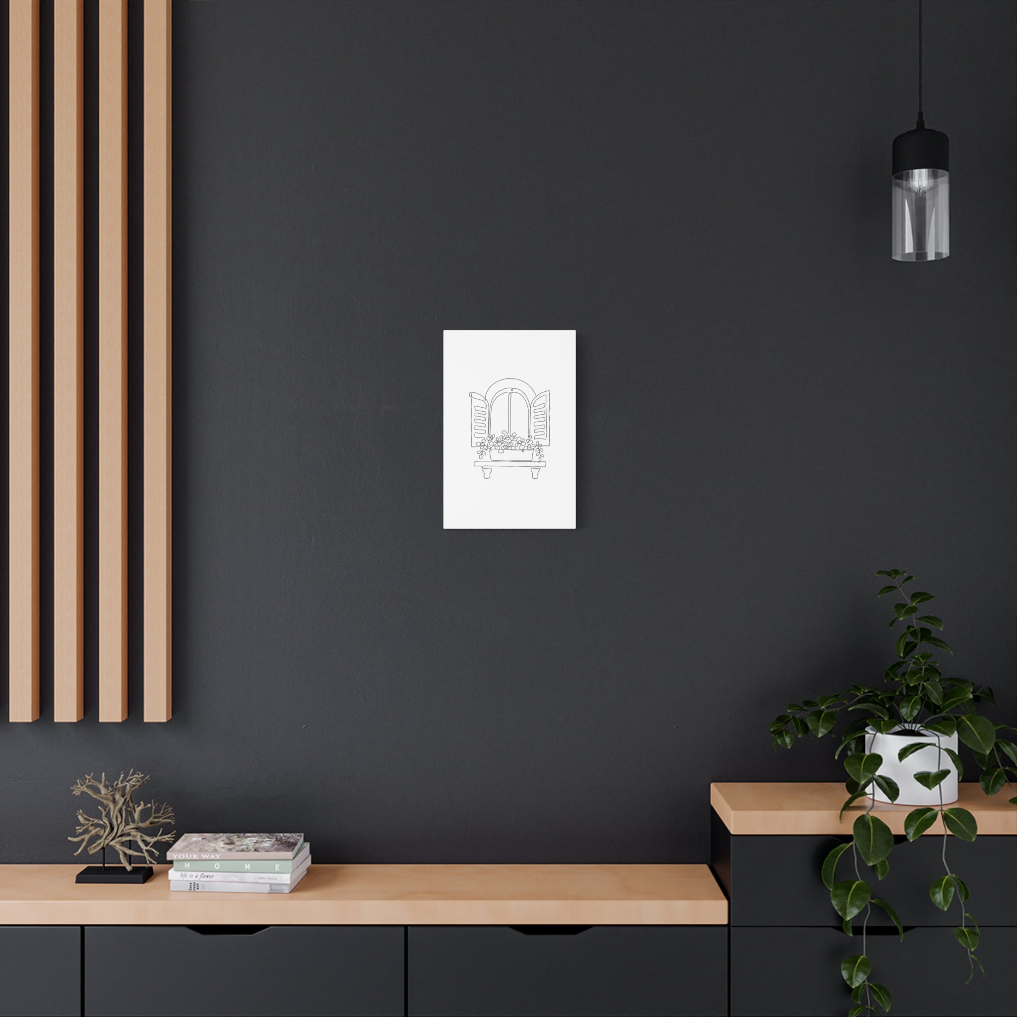 Window Shutter Line Art Canvas Print — Minimal Botanical Wall Decor