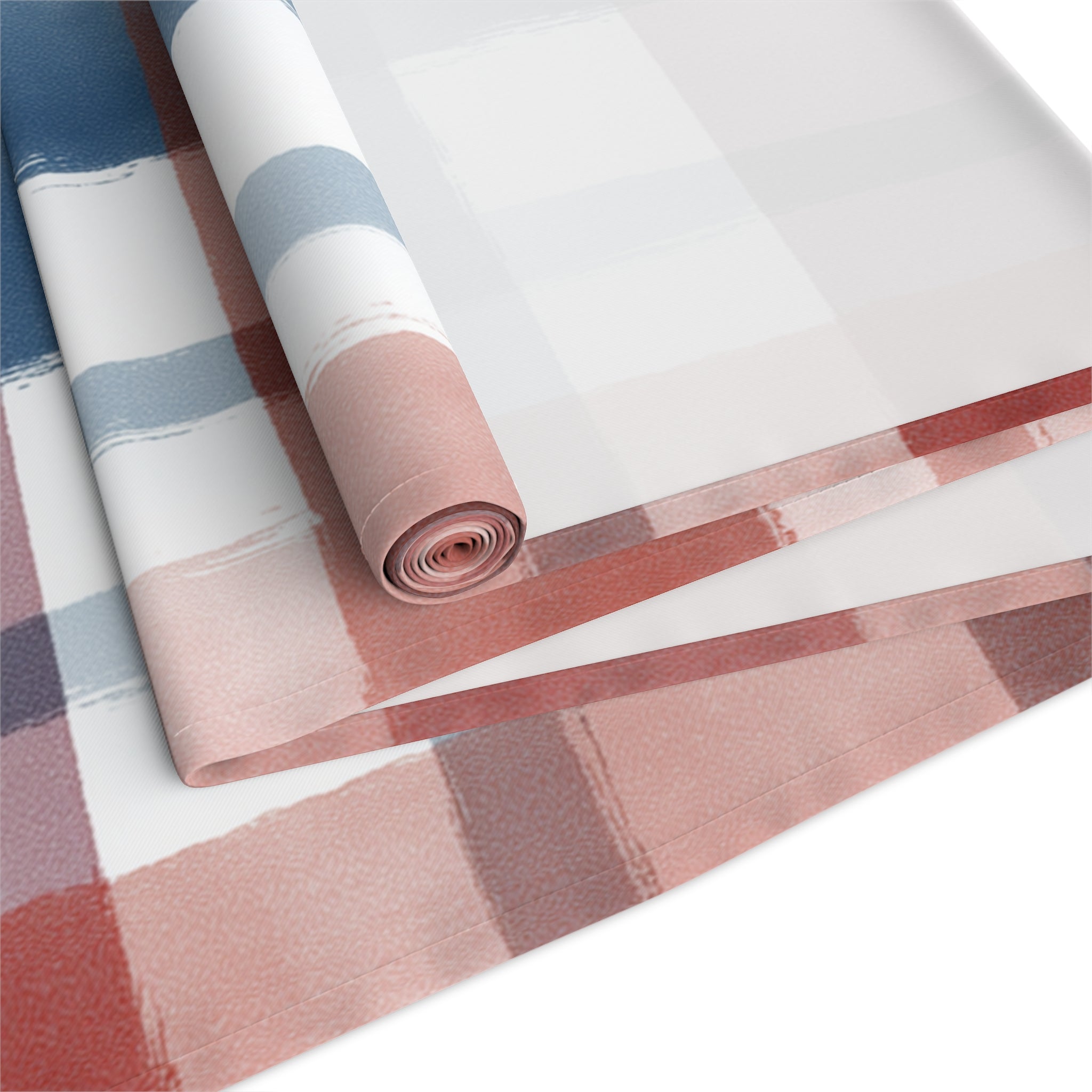 Plaid Watercolor Table Runner — Blue & Blush Cotton-Poly Decor