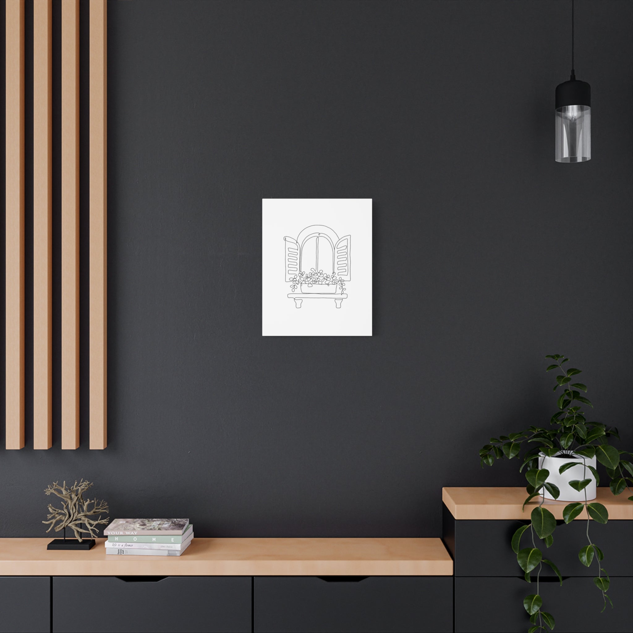Window Shutter Line Art Canvas Print — Minimal Botanical Wall Decor