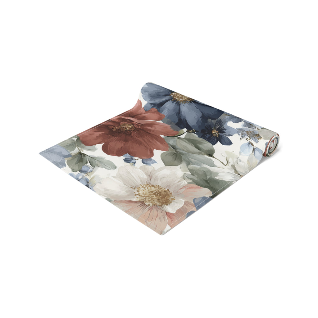 Floral Cotton-Poly Table Runner — Blue & Rust Watercolor Garden