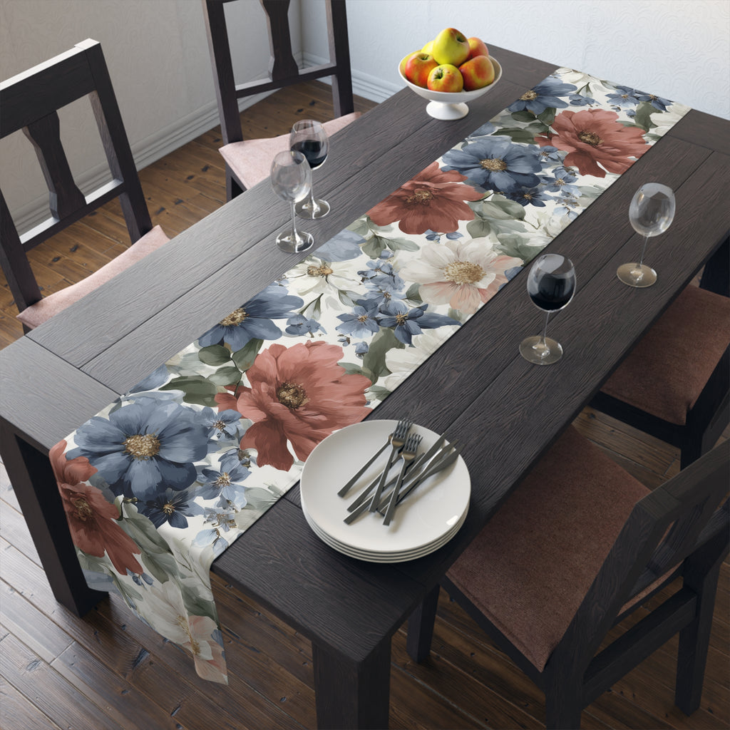 Floral Cotton-Poly Table Runner — Blue & Rust Watercolor Garden