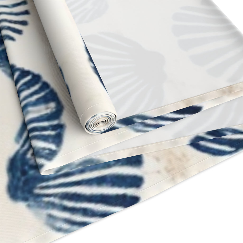 Coastal Navy Shell Table Runner – Blue Seashell Cotton-Poly Dining Decor