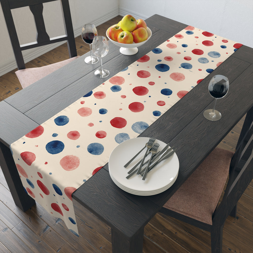 Watercolor Dot Table Runner — Neutral Blush & Navy Cotton-Poly Table Decor
