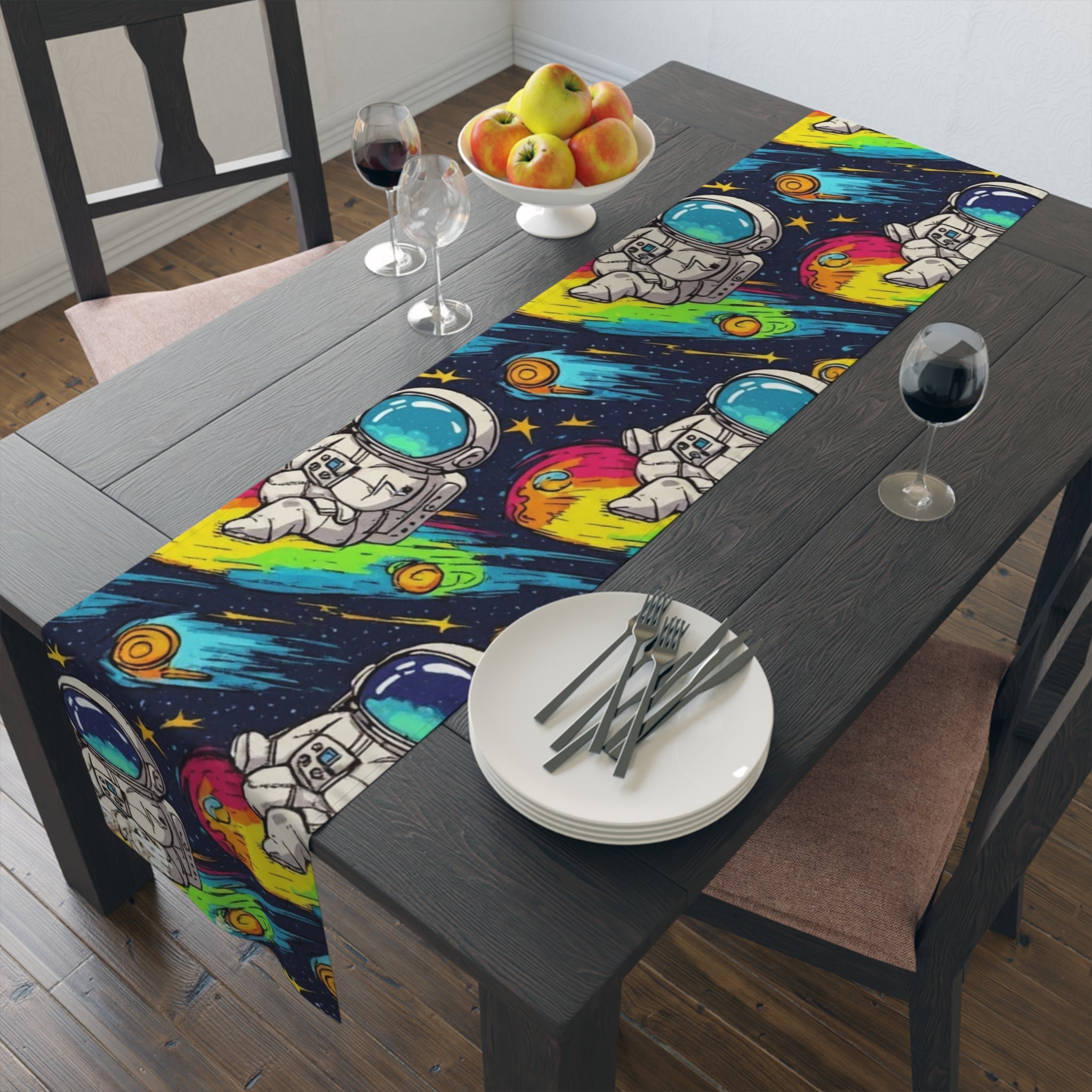Astronaut Space Pattern Table Runner — Colorful Cosmic Dinner Table Decor