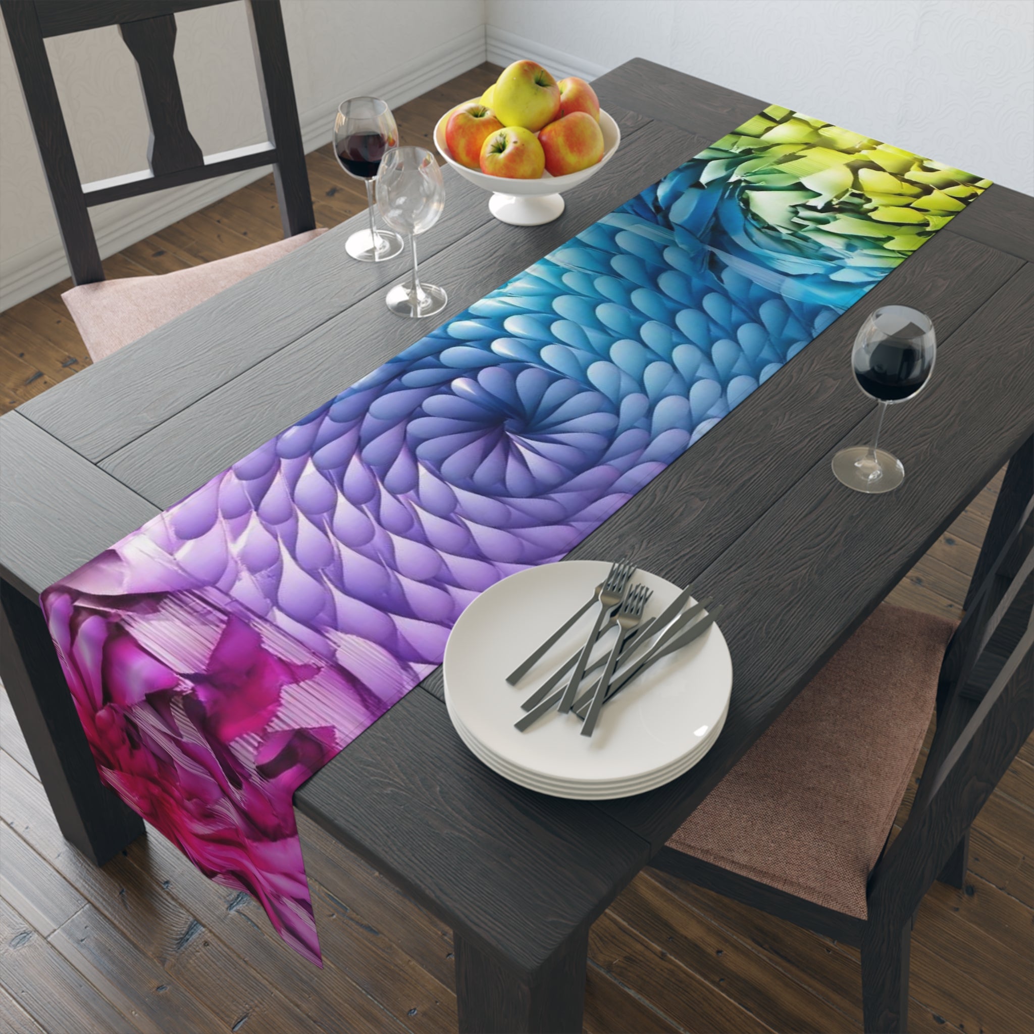 Color Burst Floral Table Runner — Rainbow Spiral Cotton-Blend Dining Decor
