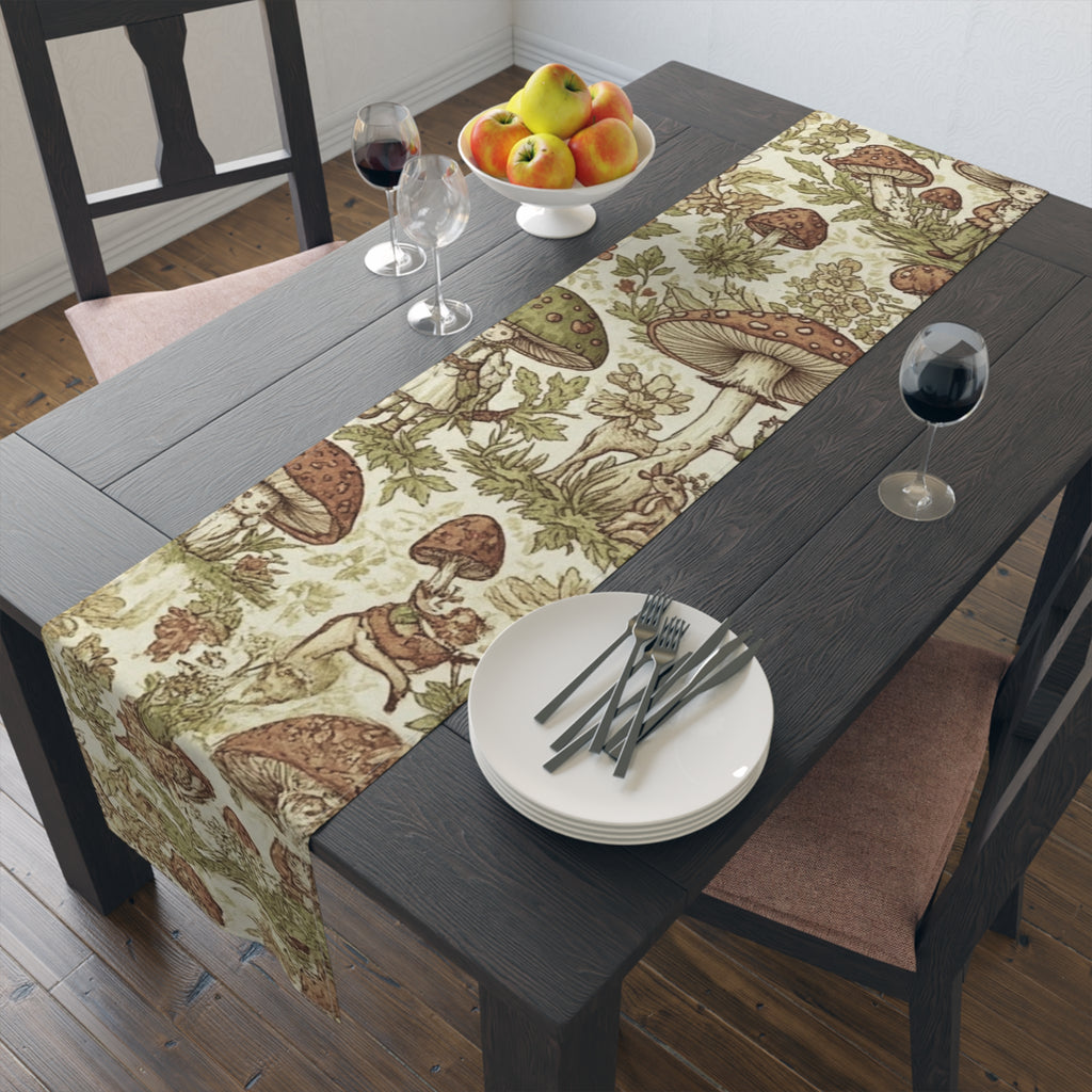 Mushroom Forest Table Runner — Vintage Botanical Cotton-Polyblend