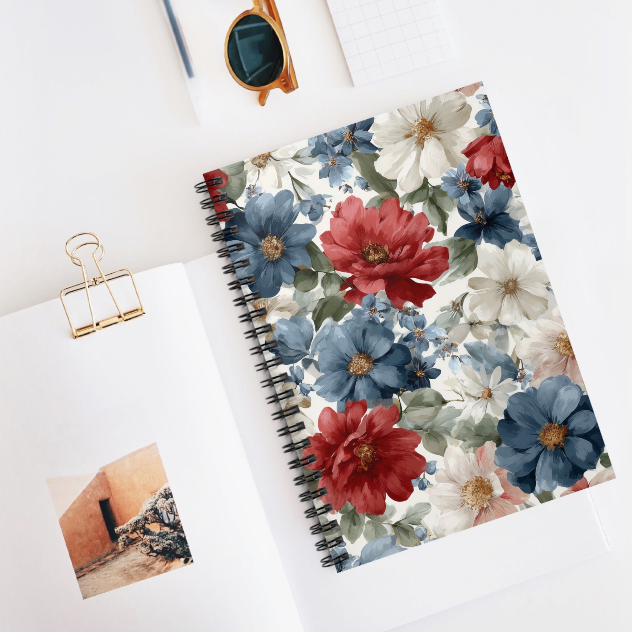 Floral Watercolor Spiral Notebook — Red, Blue & White Garden Blooms (Ruled)