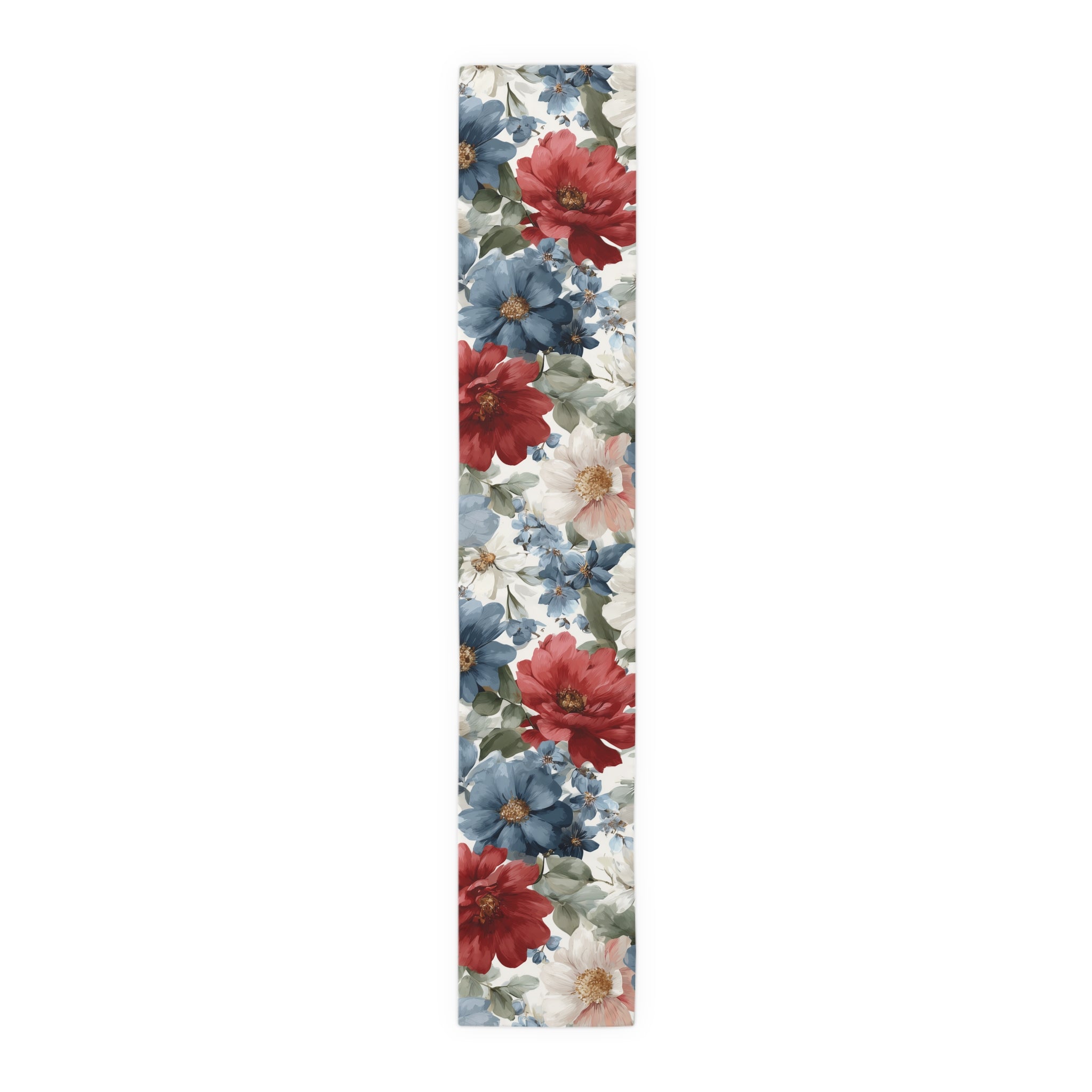 Floral Cotton-Poly Table Runner — Blue & Rust Watercolor Garden