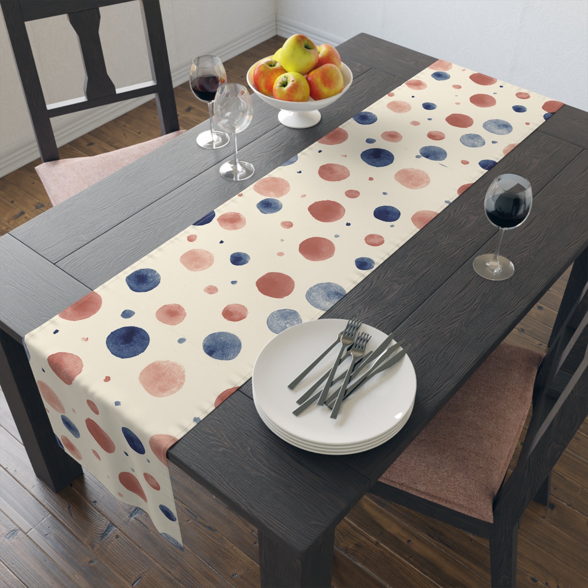 Watercolor Dot Table Runner — Neutral Blush & Navy Cotton-Poly Table Decor