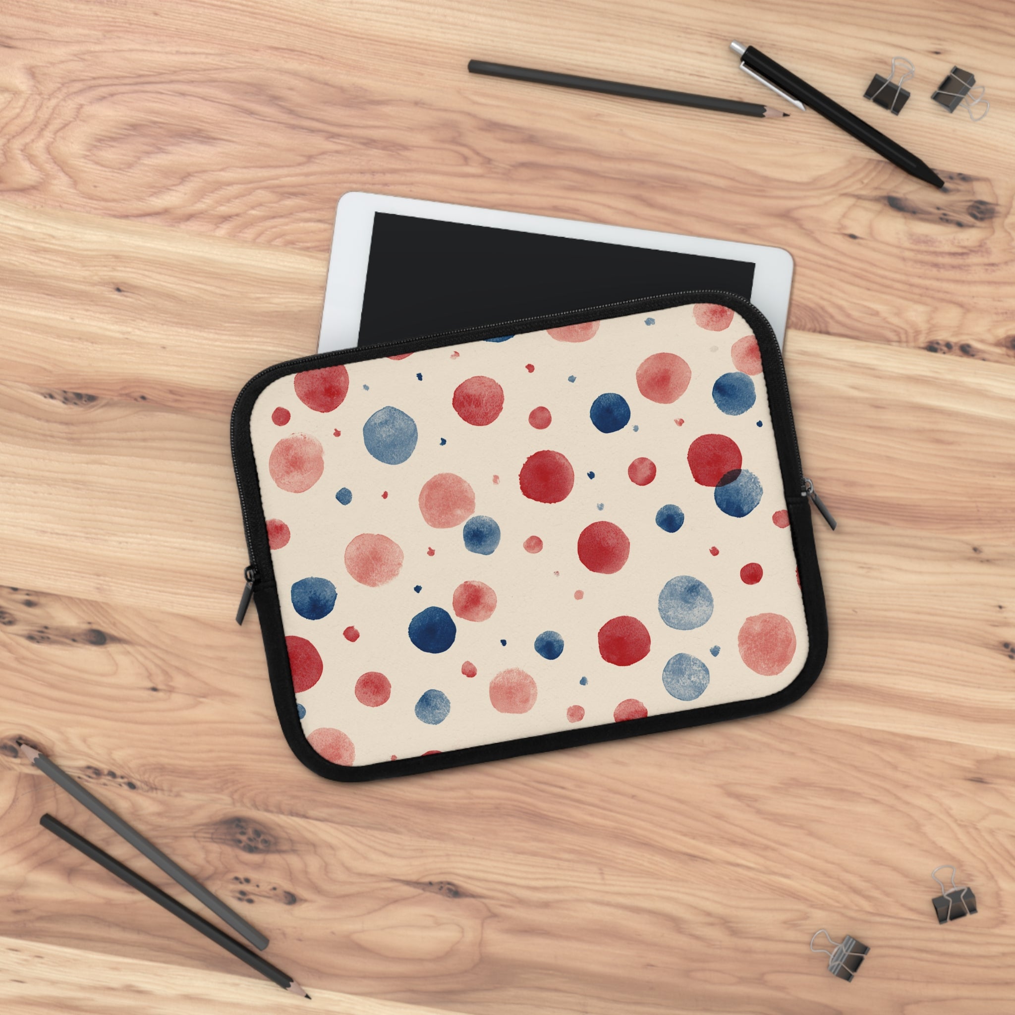 Watercolor Polka Dot Laptop Sleeve – Red & Blue Dots on Cream