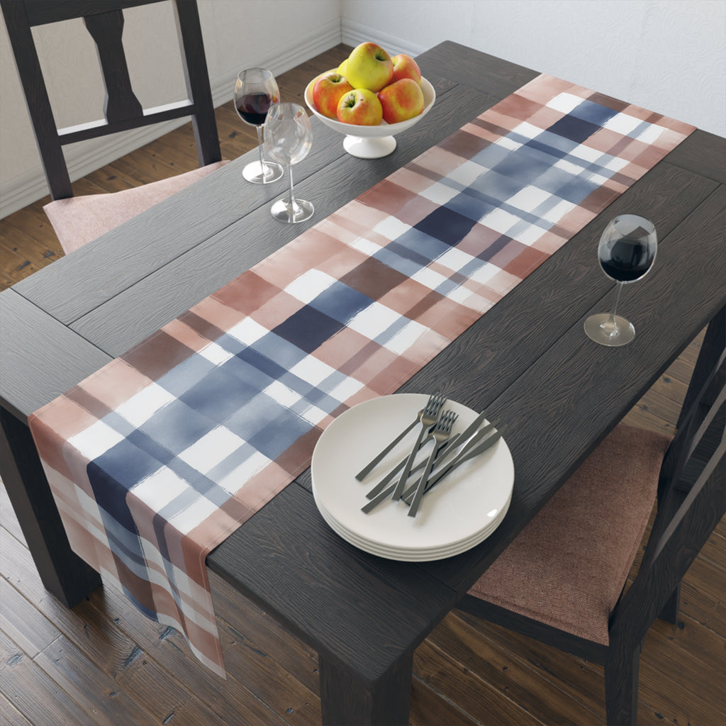 Plaid Watercolor Table Runner — Blue & Blush Cotton-Poly Decor