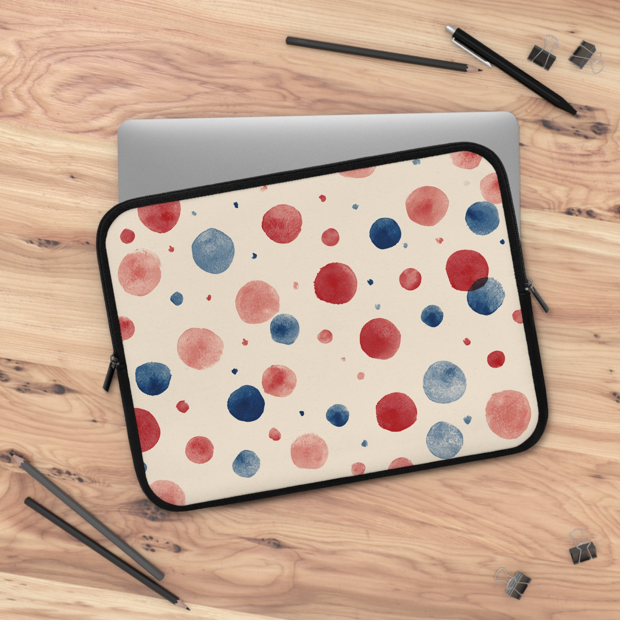 Watercolor Polka Dot Laptop Sleeve – Red & Blue Dots on Cream