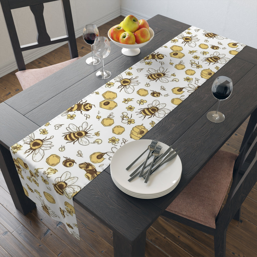 Bee & Honey Floral Table Runner — Yellow Bee Pattern Cotton-Poly Home Decor