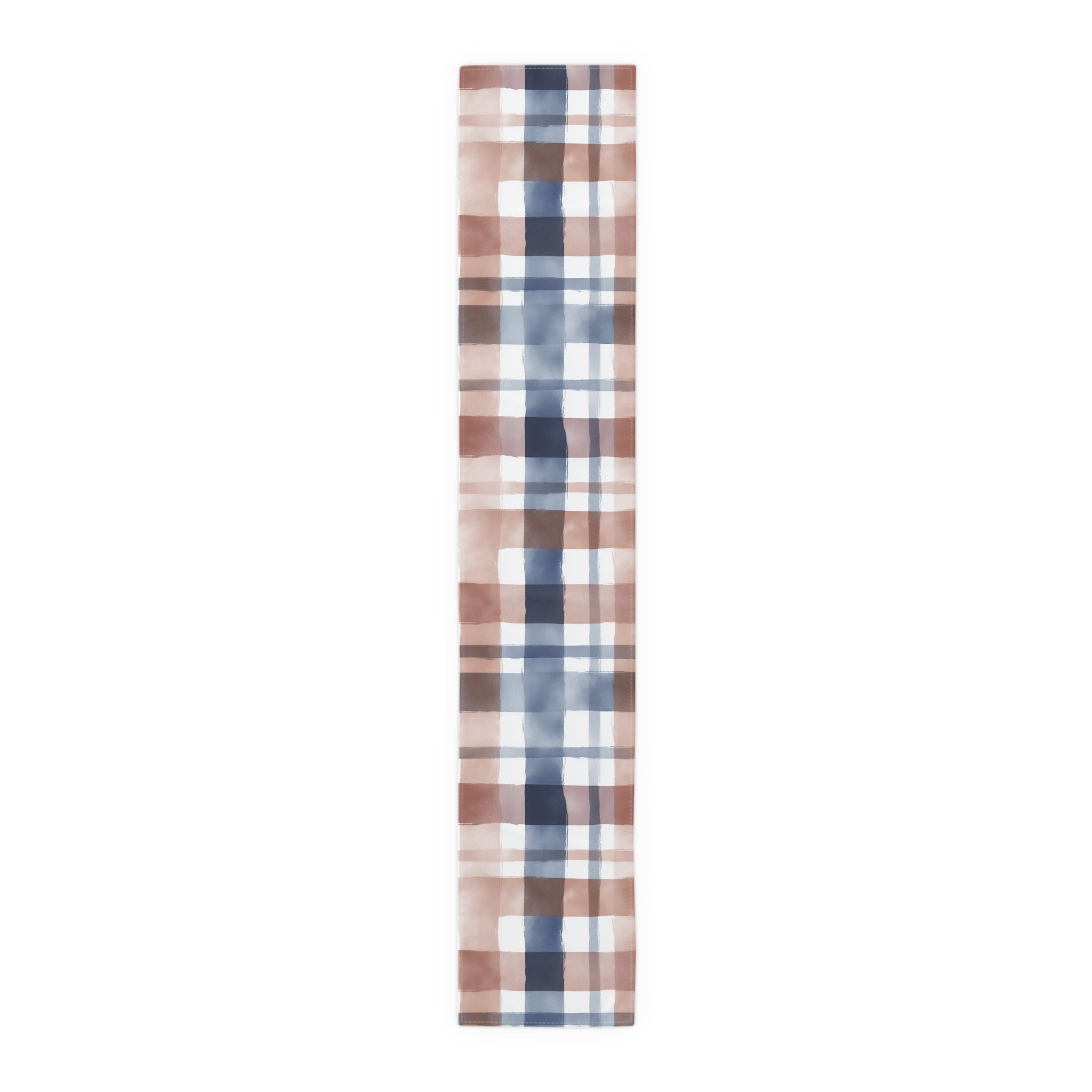 Plaid Watercolor Table Runner — Blue & Blush Cotton-Poly Decor