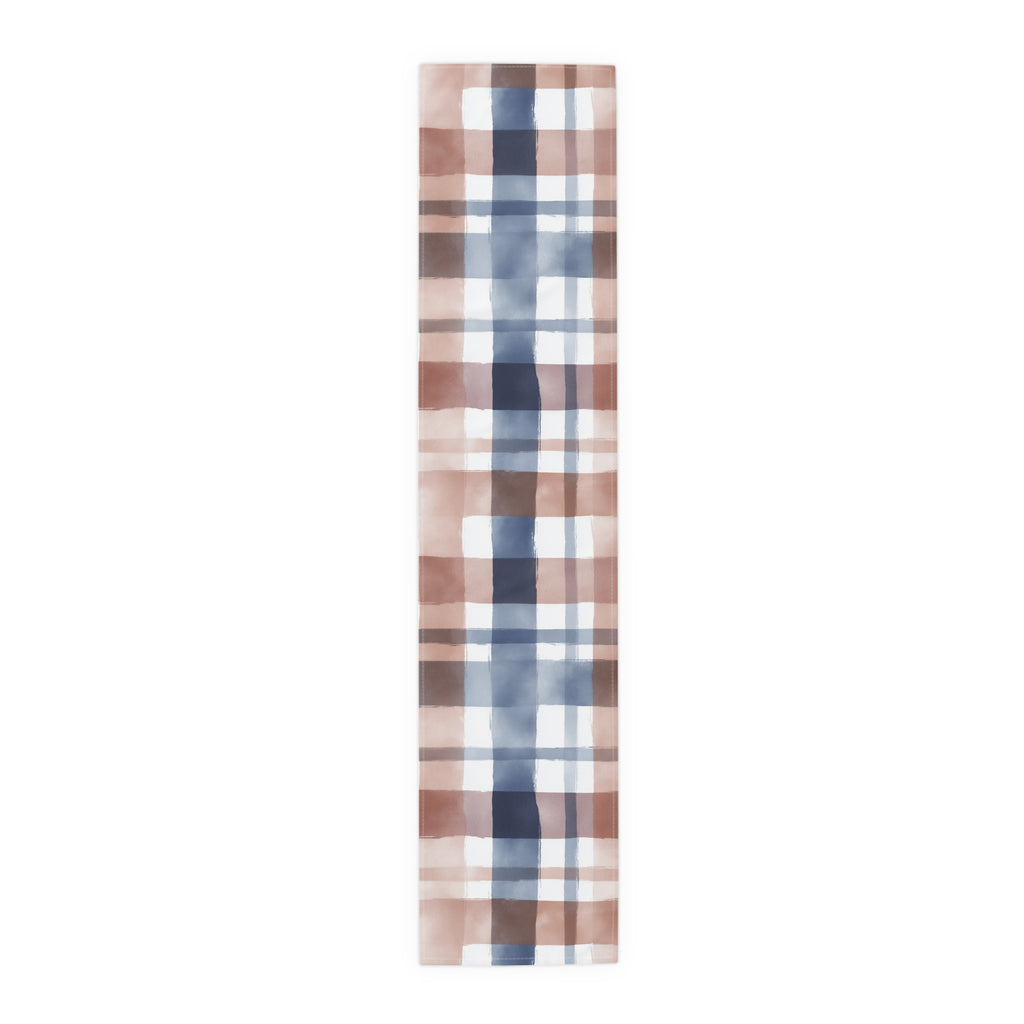 Plaid Watercolor Table Runner — Blue & Blush Cotton-Poly Decor