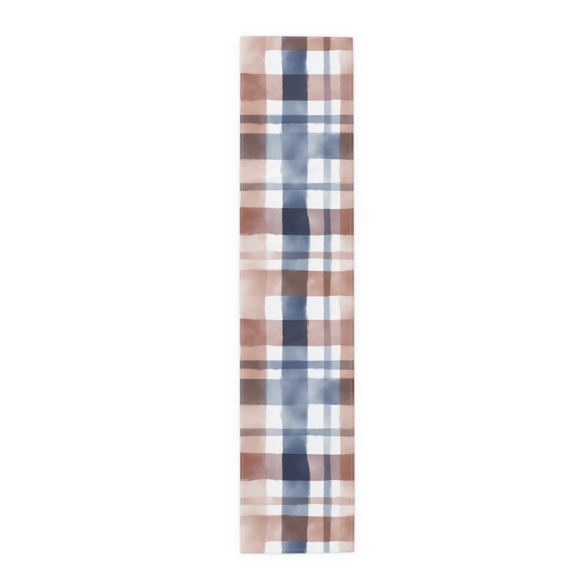 Plaid Watercolor Table Runner — Blue & Blush Cotton-Poly Decor