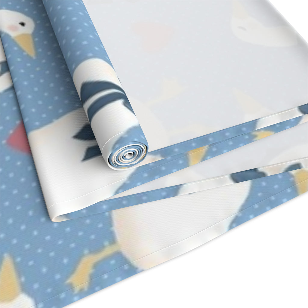 Goose Pattern Table Runner — Blue Cotton-Poly Dining Runner with Cute Hearts
