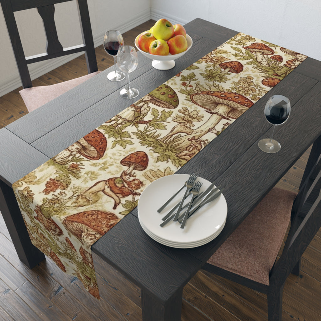 Mushroom Forest Table Runner — Vintage Botanical Cotton-Polyblend