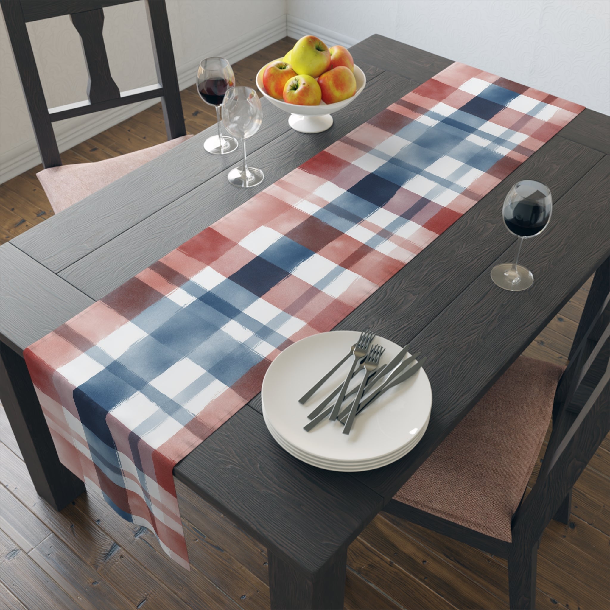 Plaid Watercolor Table Runner — Blue & Blush Cotton-Poly Decor