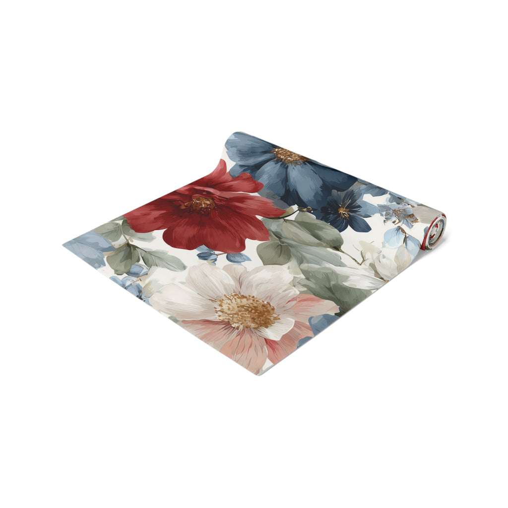 Floral Cotton-Poly Table Runner — Blue & Rust Watercolor Garden