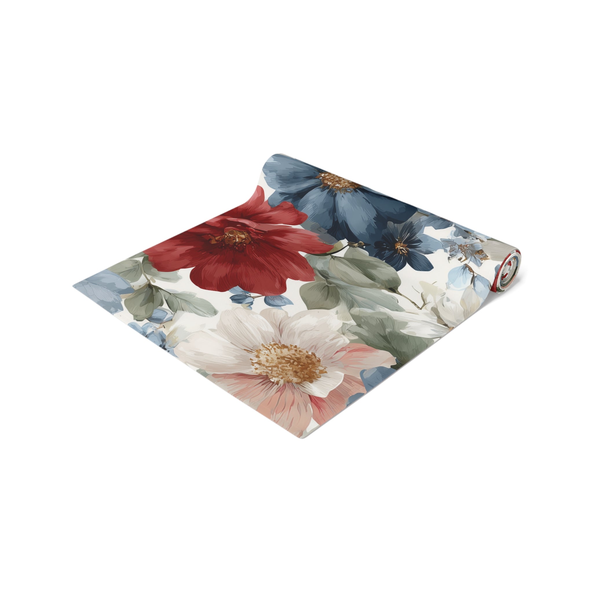 Floral Cotton-Poly Table Runner — Blue & Rust Watercolor Garden