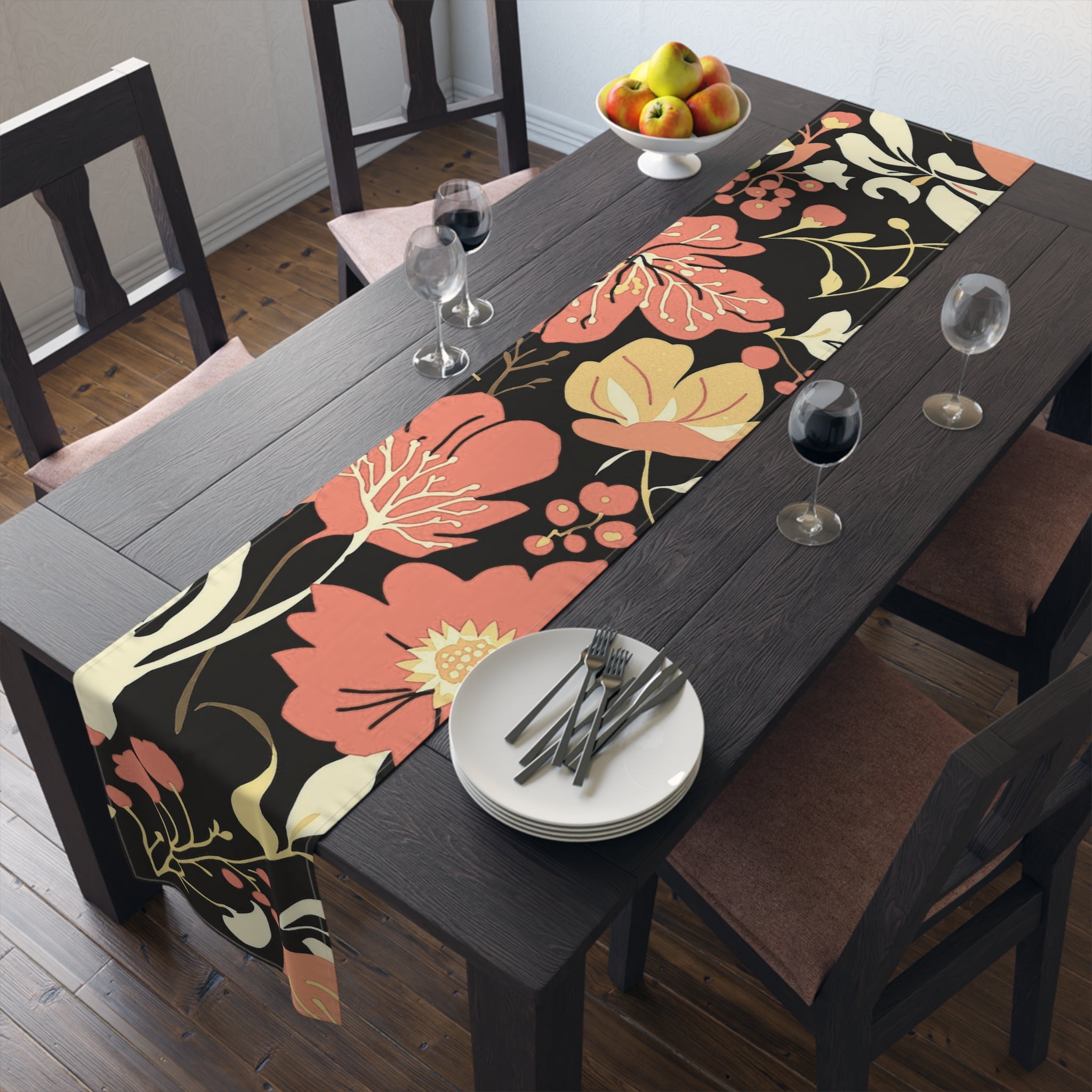 Floral Black & Coral Table Runner — Vintage Garden Cotton-Blend Decor 16x90
