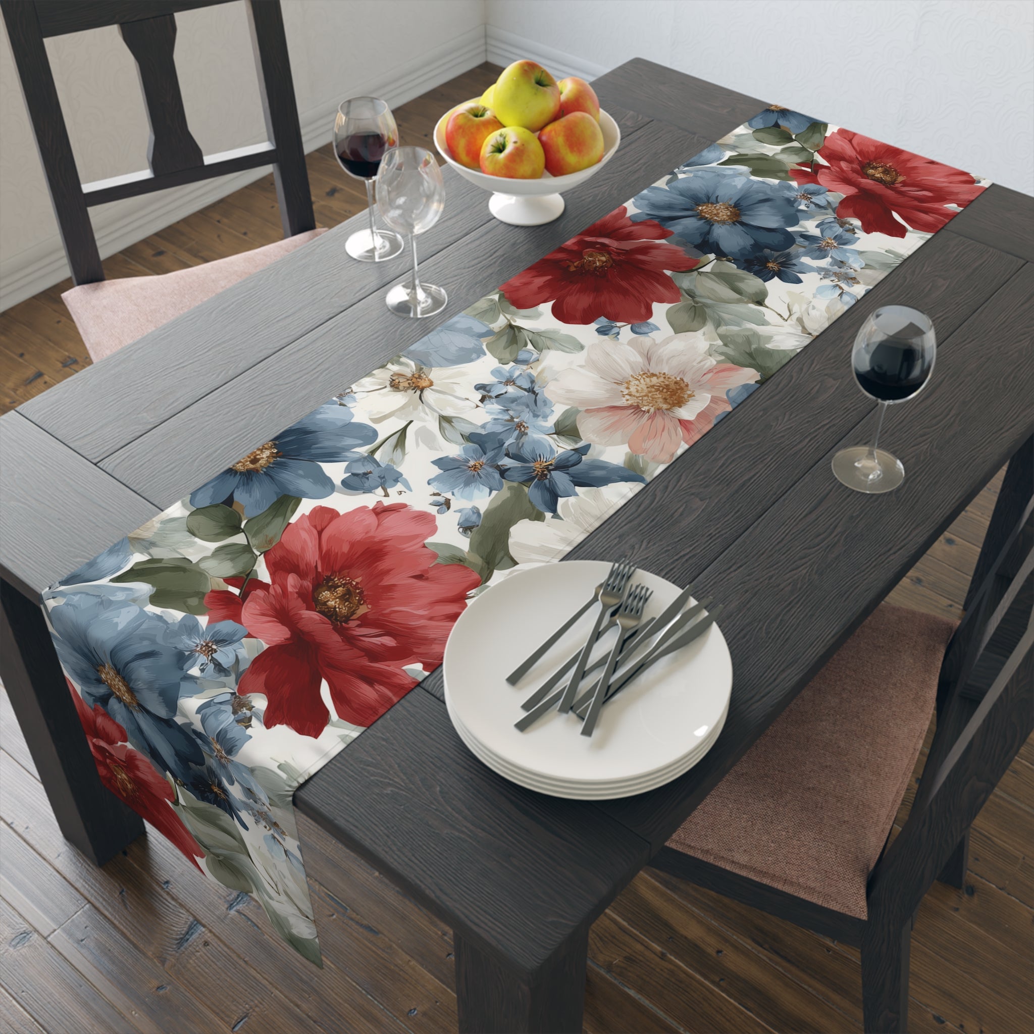 Floral Cotton-Poly Table Runner — Blue & Rust Watercolor Garden