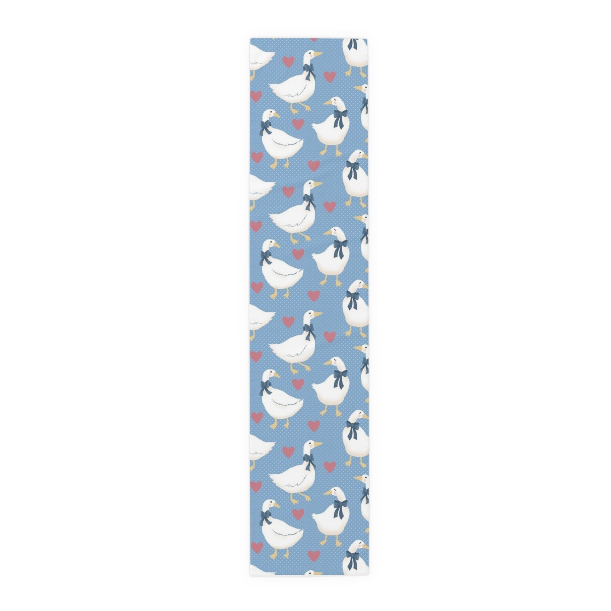 Goose Pattern Table Runner — Blue Cotton-Poly Dining Runner with Cute Hearts