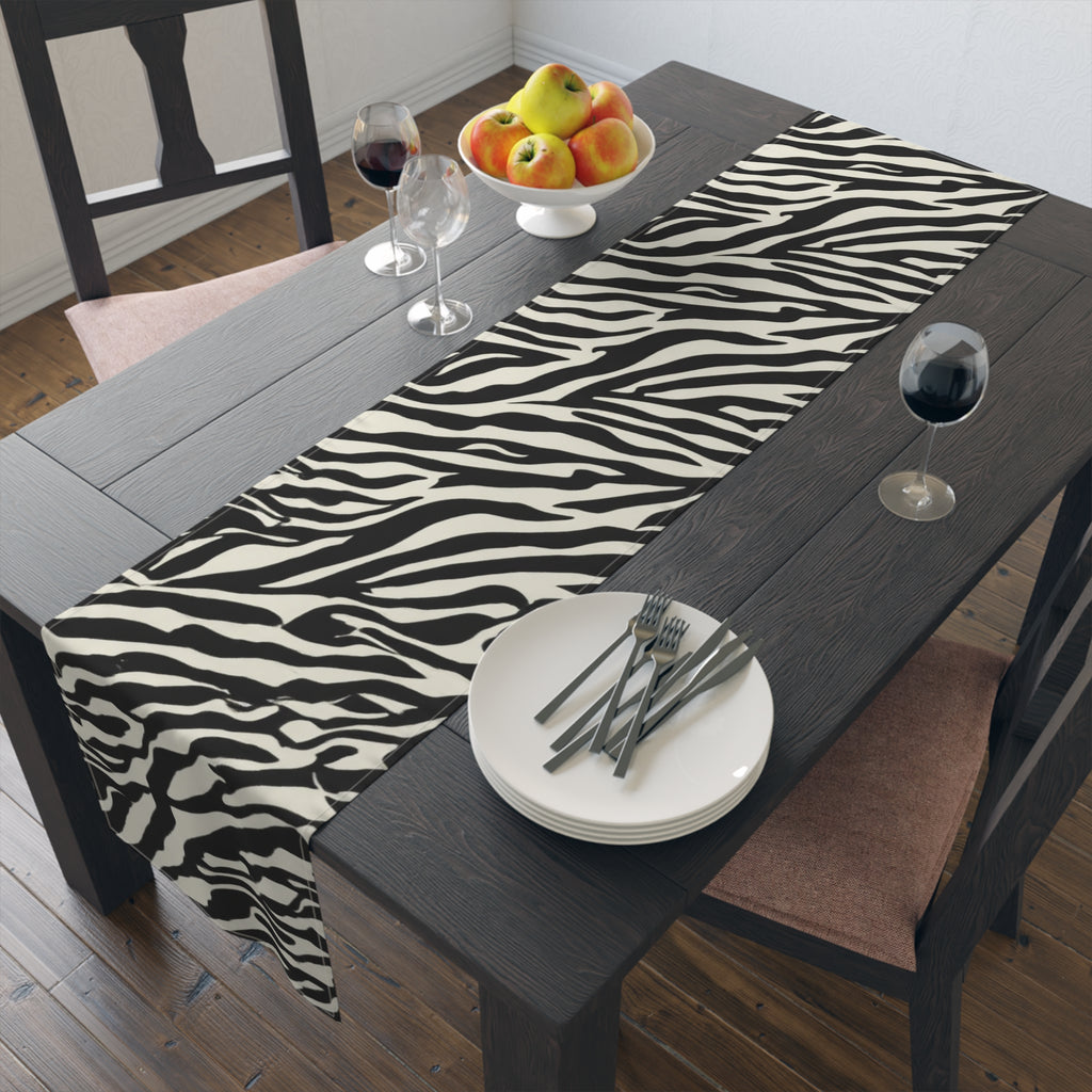 Zebra Print Table Runner — Black & White Animal Stripe Dining Decor