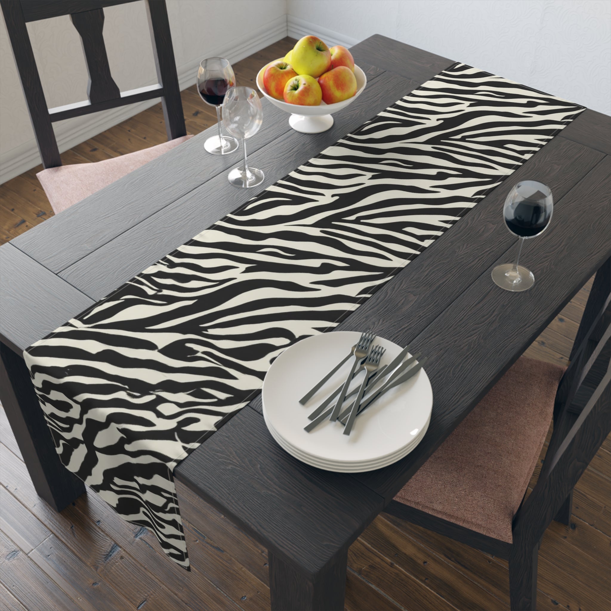 Zebra Print Table Runner — Black & White Animal Stripe Dining Decor