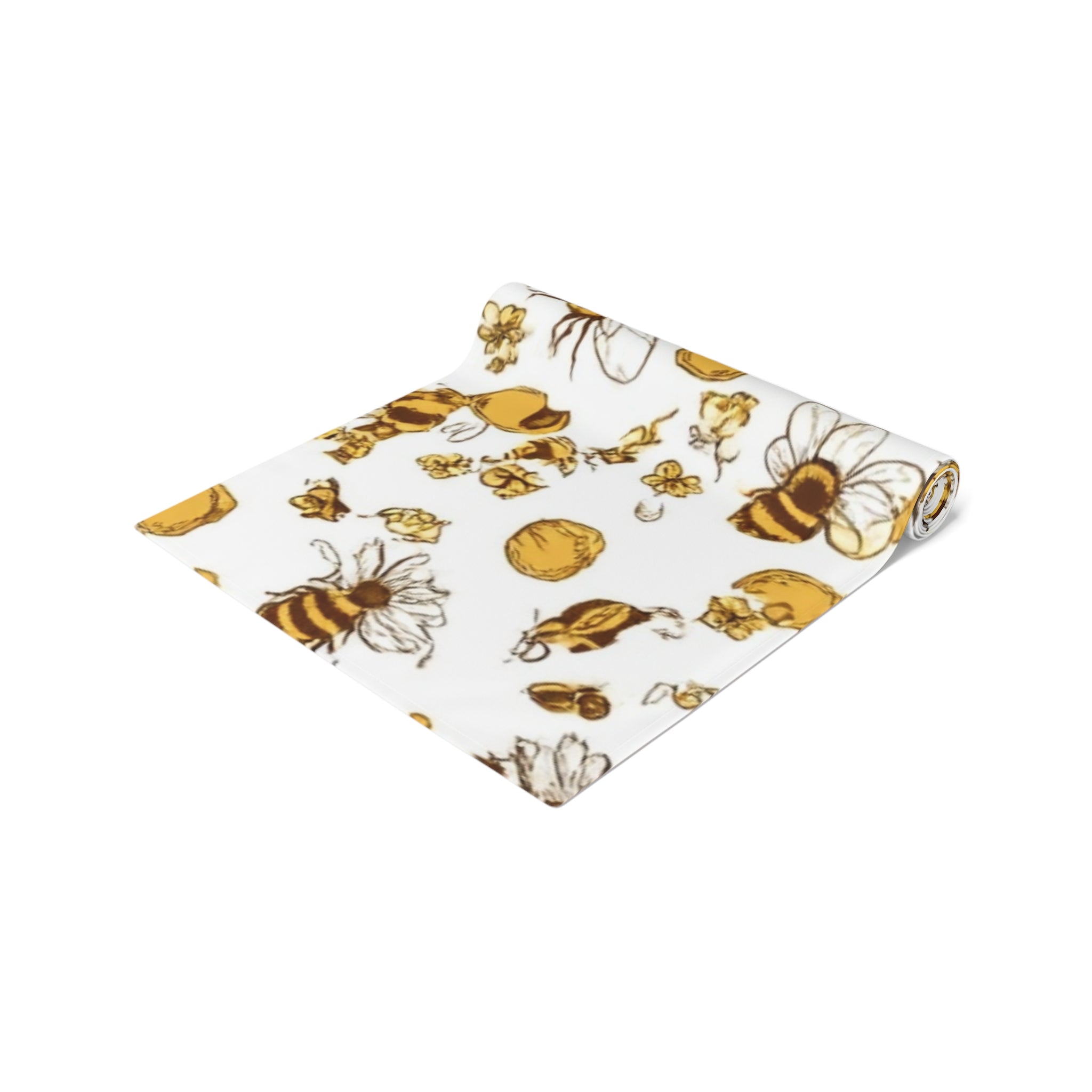 Bee & Honey Floral Table Runner — Yellow Bee Pattern Cotton-Poly Home Decor