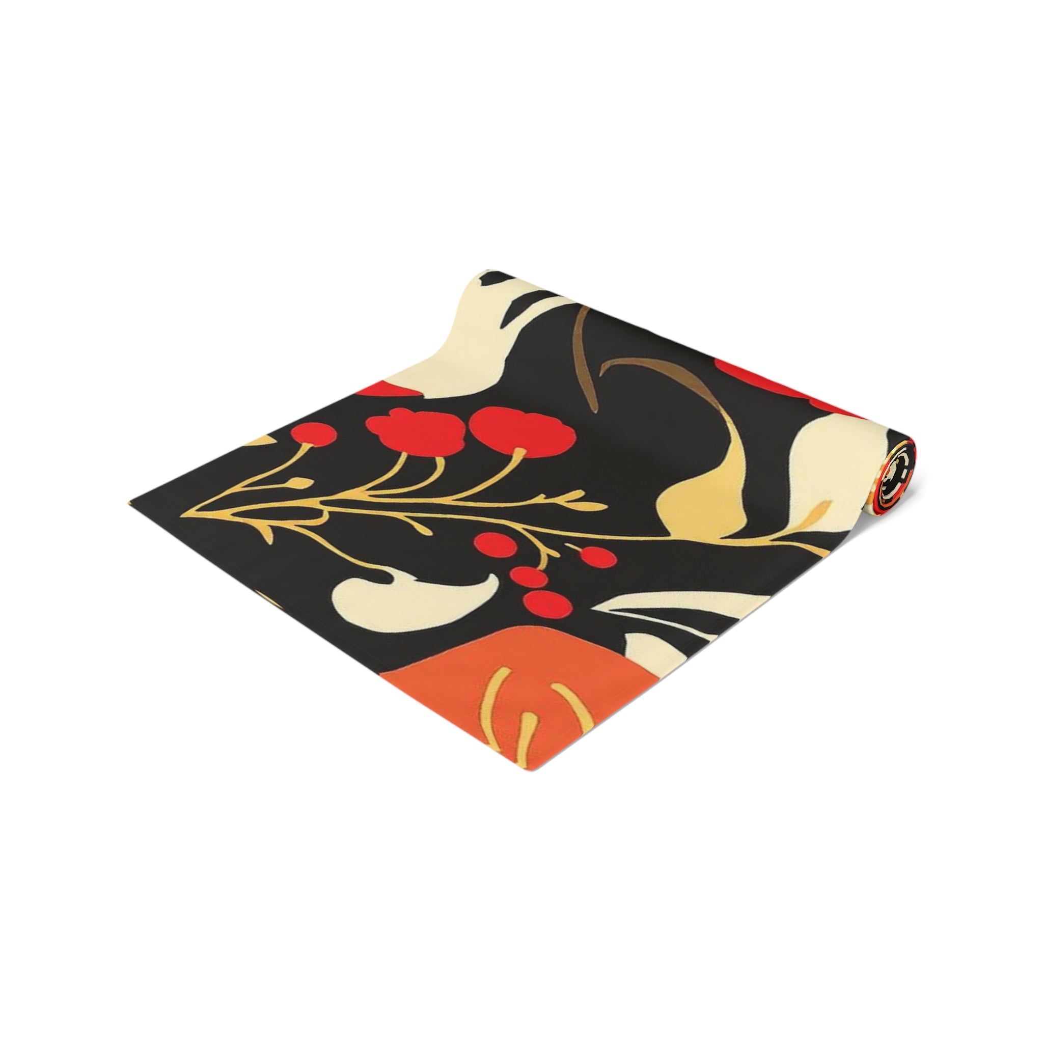 Floral Black & Coral Table Runner — Vintage Garden Cotton-Blend Decor 16x90