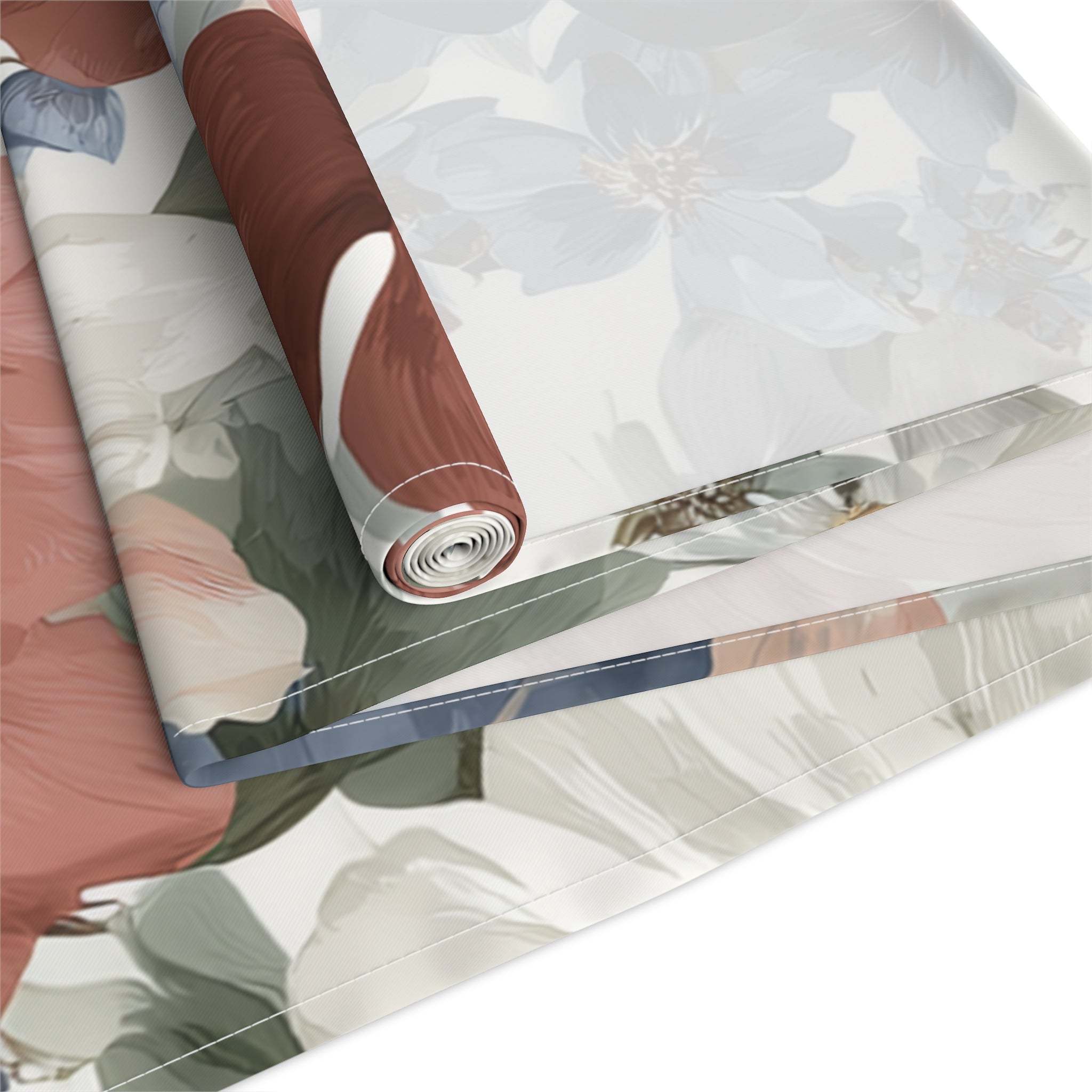 Floral Cotton-Poly Table Runner — Blue & Rust Watercolor Garden