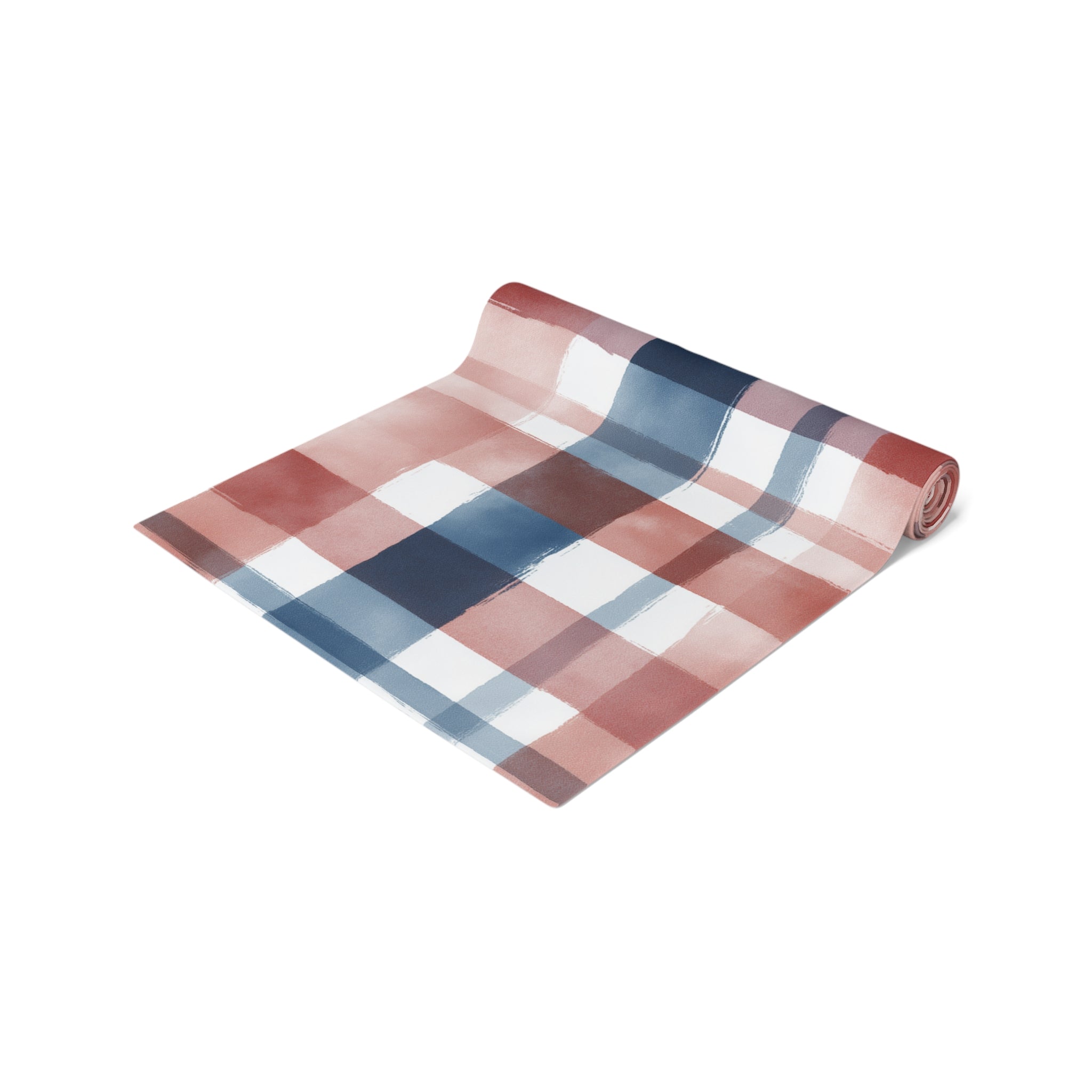 Plaid Watercolor Table Runner — Blue & Blush Cotton-Poly Decor