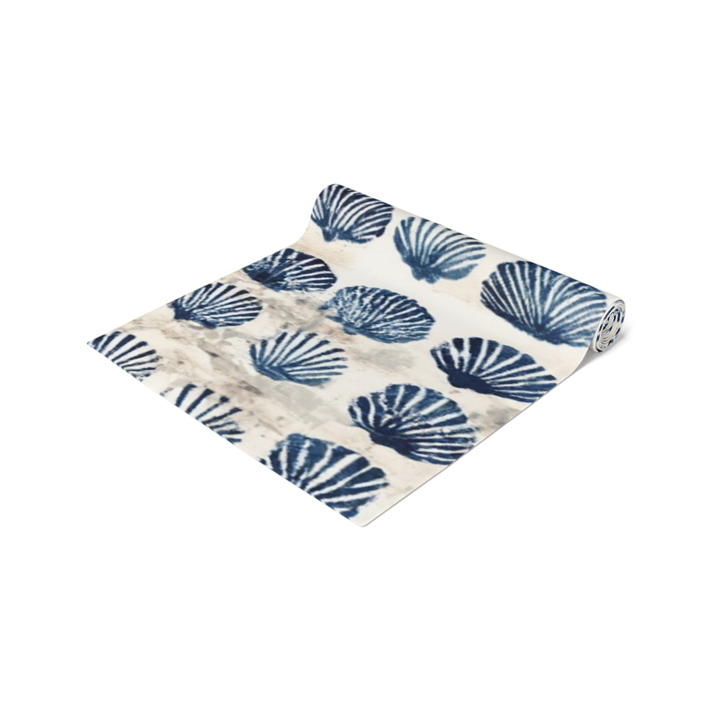 Coastal Navy Shell Table Runner – Blue Seashell Cotton-Poly Dining Decor