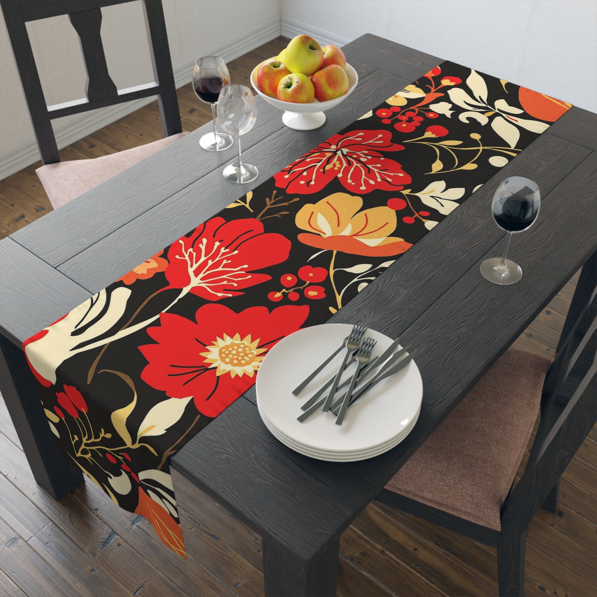Floral Noir Table Runner — Coral & Cream Garden Pattern 16x72