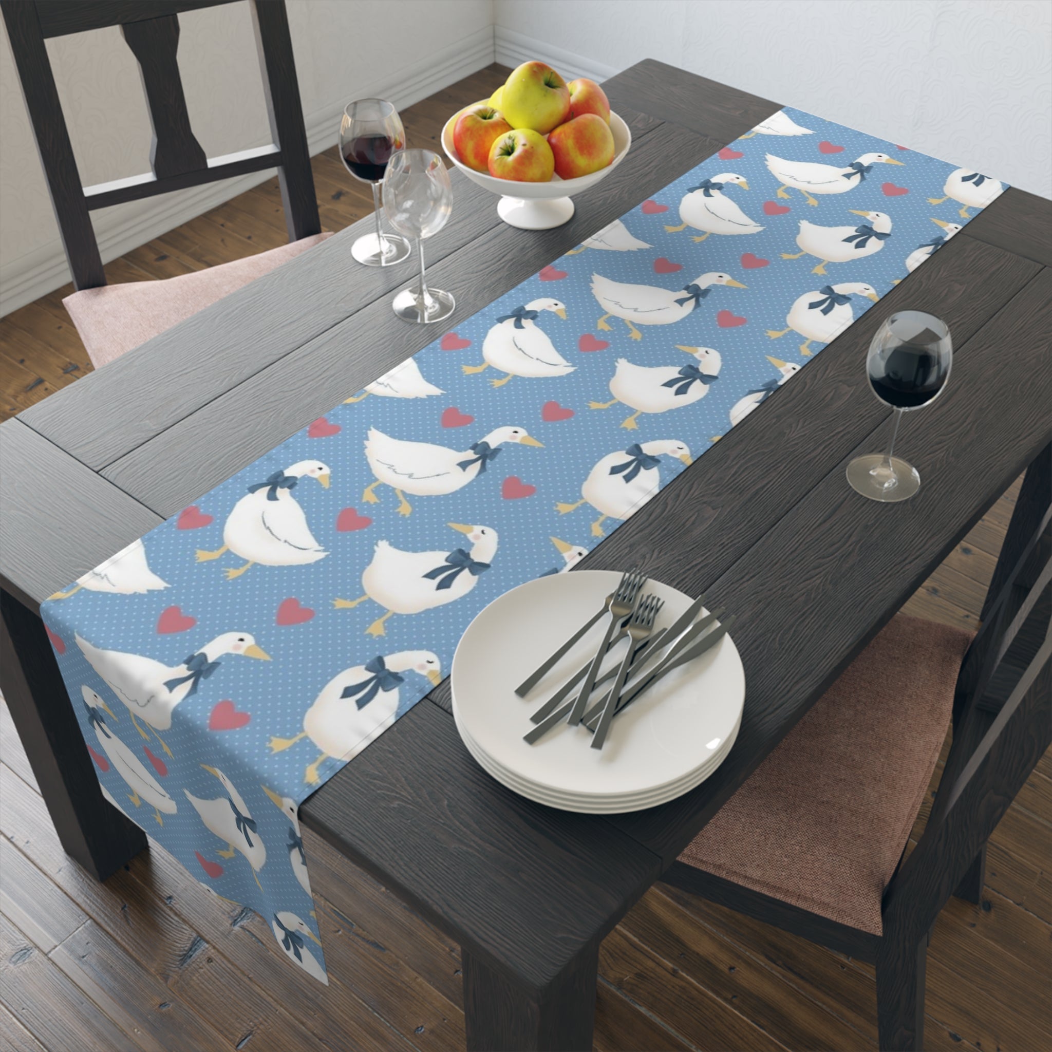 Goose Pattern Table Runner — Blue Cotton-Poly Dining Runner with Cute Hearts