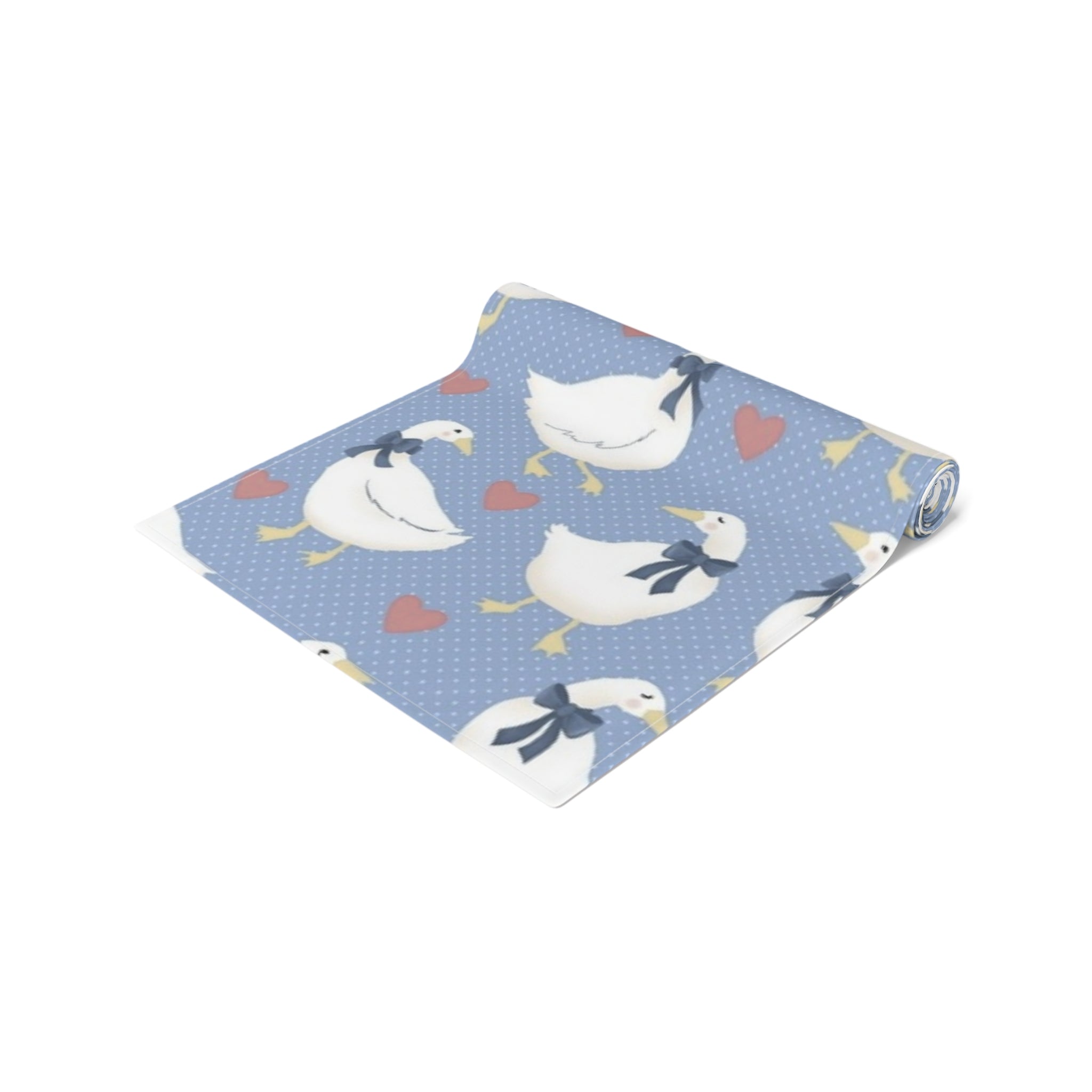 Goose Pattern Table Runner — Blue Cotton-Poly Dining Runner with Cute Hearts