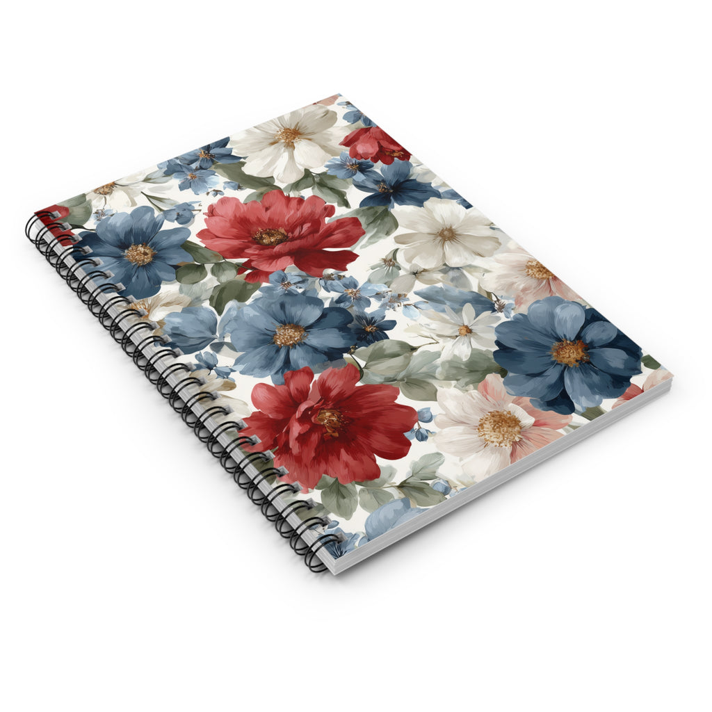 Floral Watercolor Spiral Notebook — Red, Blue & White Garden Blooms (Ruled)