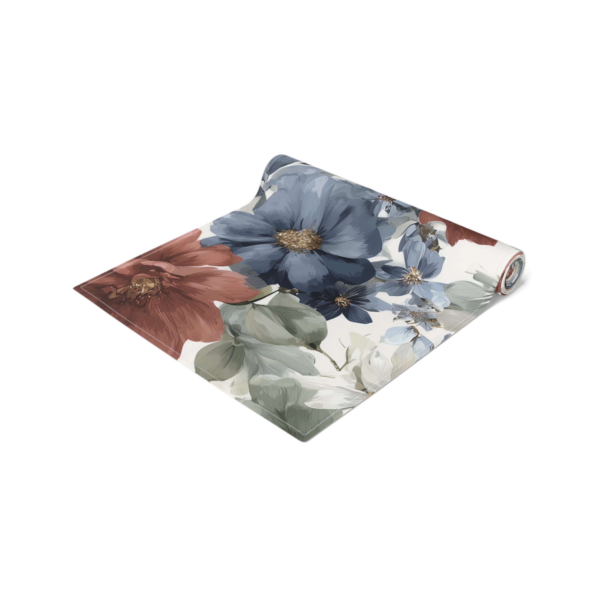 Floral Cotton-Poly Table Runner — Blue & Rust Watercolor Garden