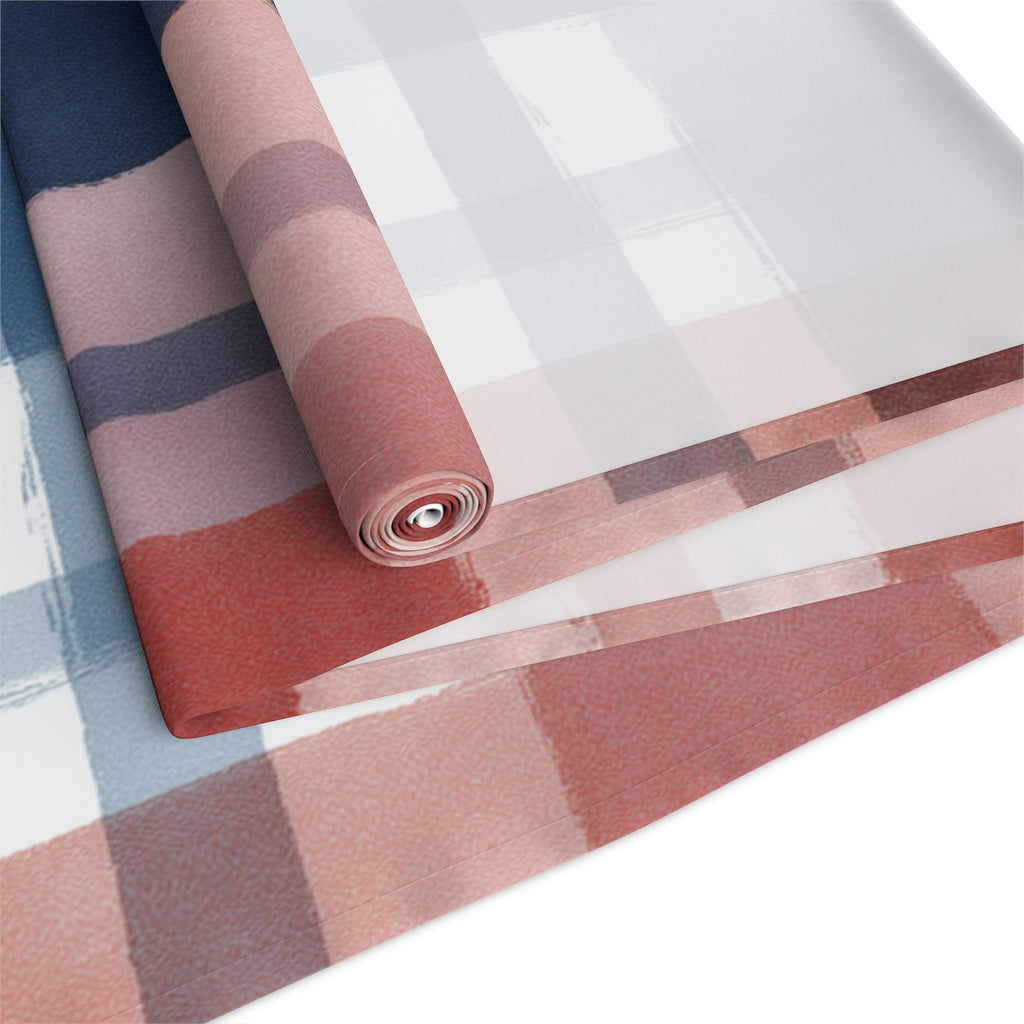 Plaid Watercolor Table Runner — Blue & Blush Cotton-Poly Decor